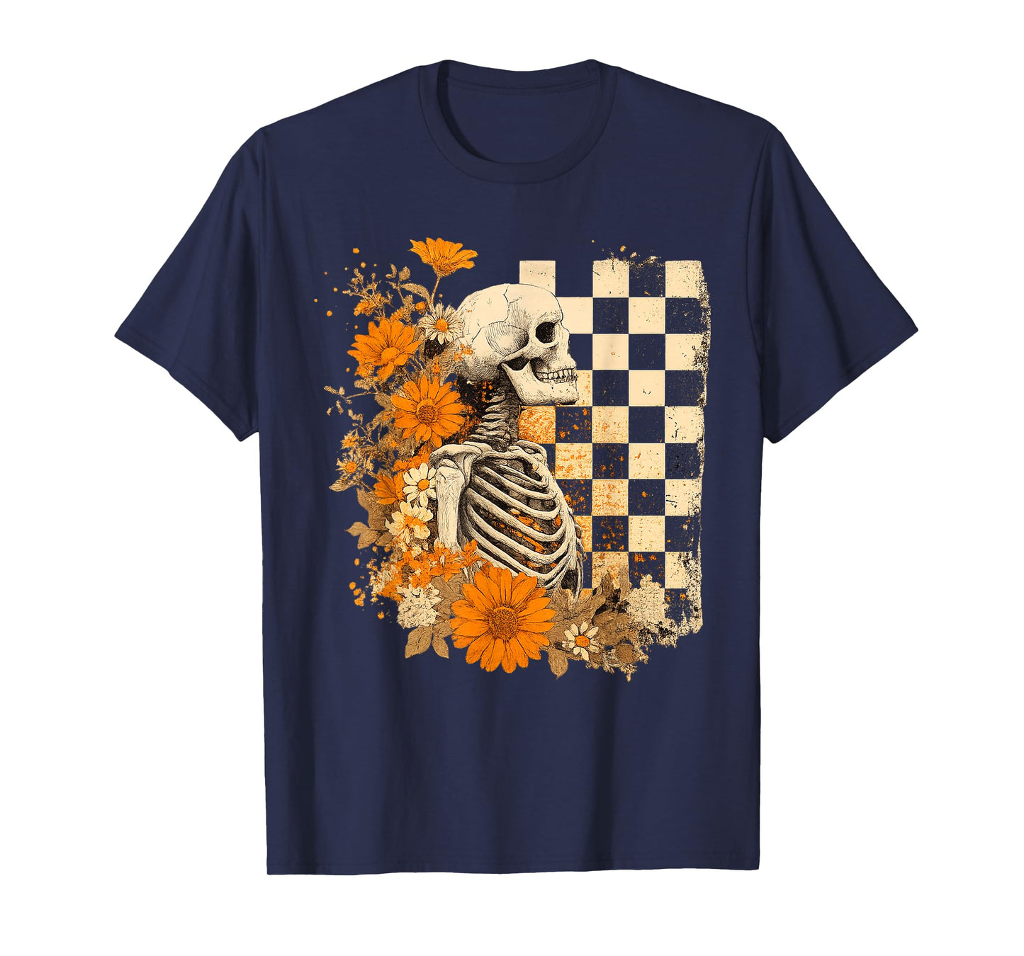 Skeleton Peace Hand Floral Checkered Aesthetic T-Shirt