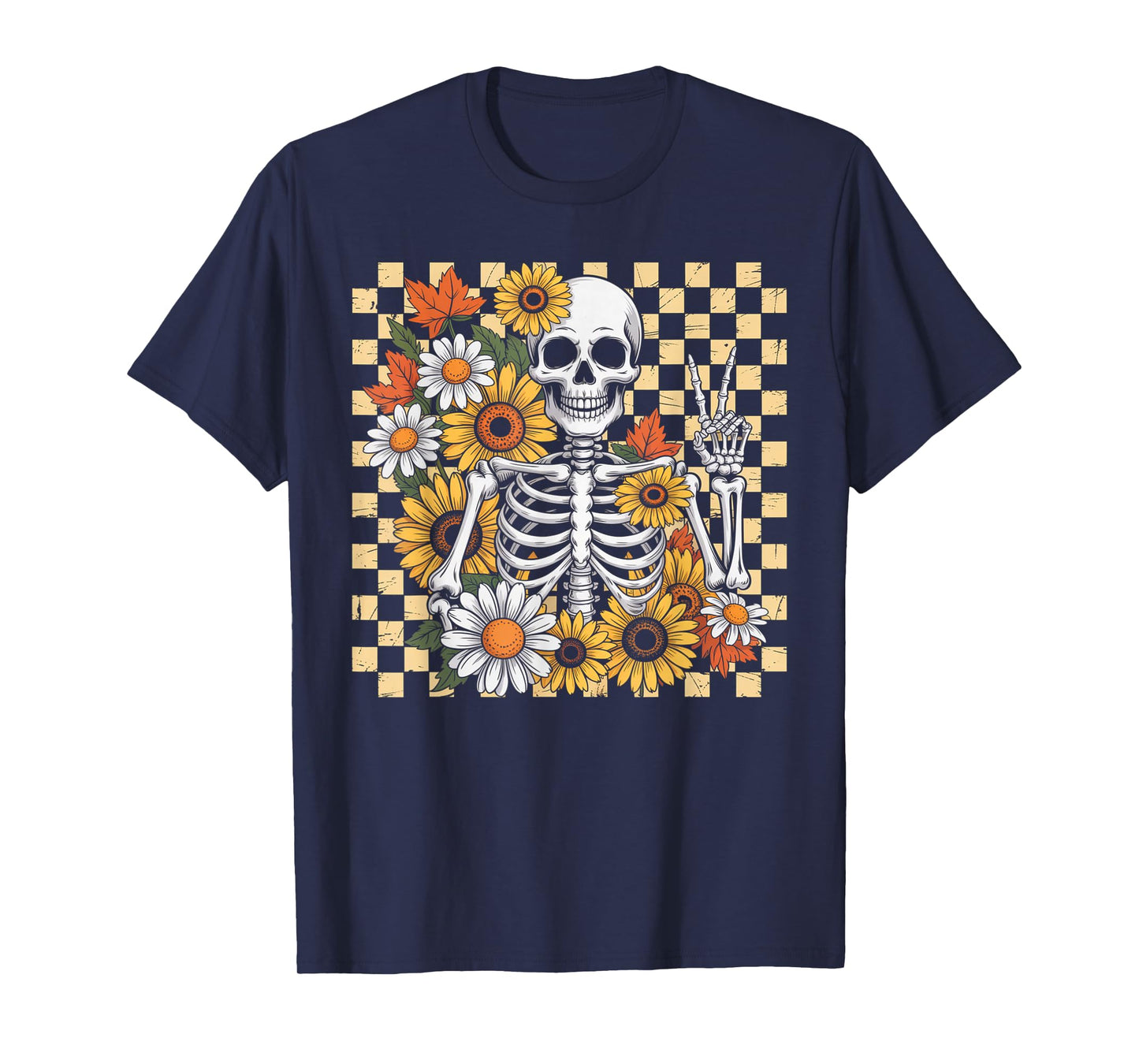 Retro Fall Skeleton Halloween Skeleton Flower Spooky Season T-Shirt