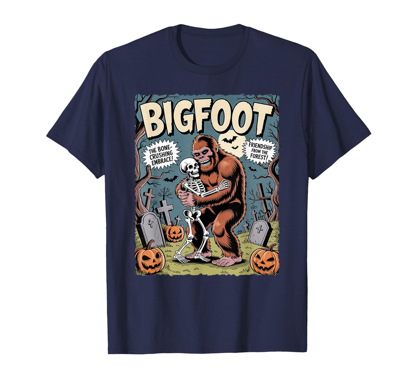 Funny Bigfoot Hugging a Skeleton Halloween Cryptid Comic T-Shirt