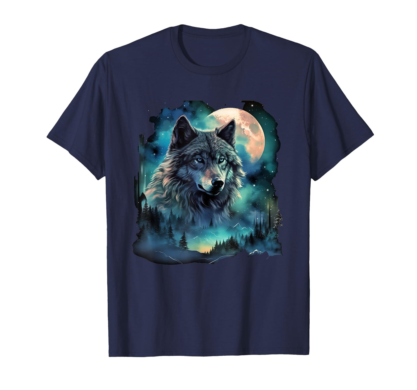 Grey Wolf Hunting Grounds Icy Moon Forest Galaxy T-Shirt