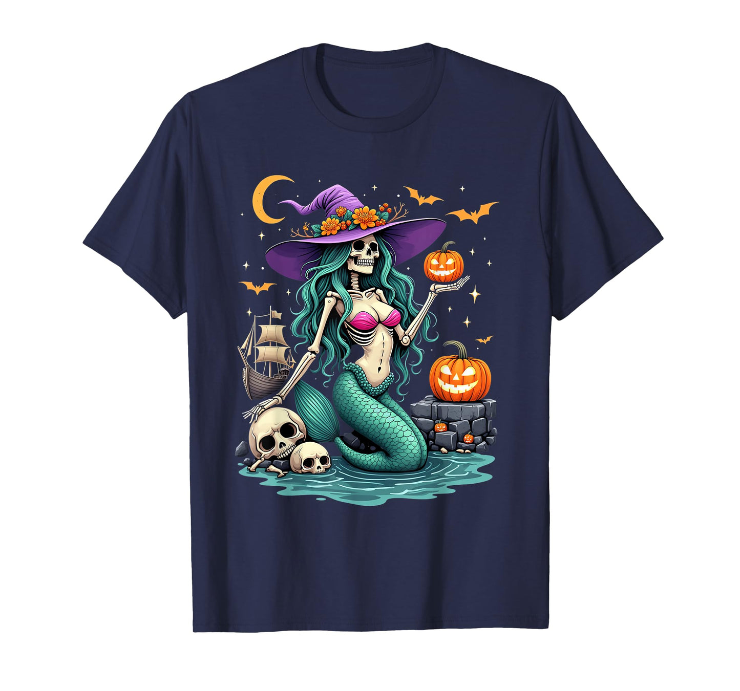 Skeleton Mermaid Witch Hat Pumpkins Ship Halloween Night T-Shirt