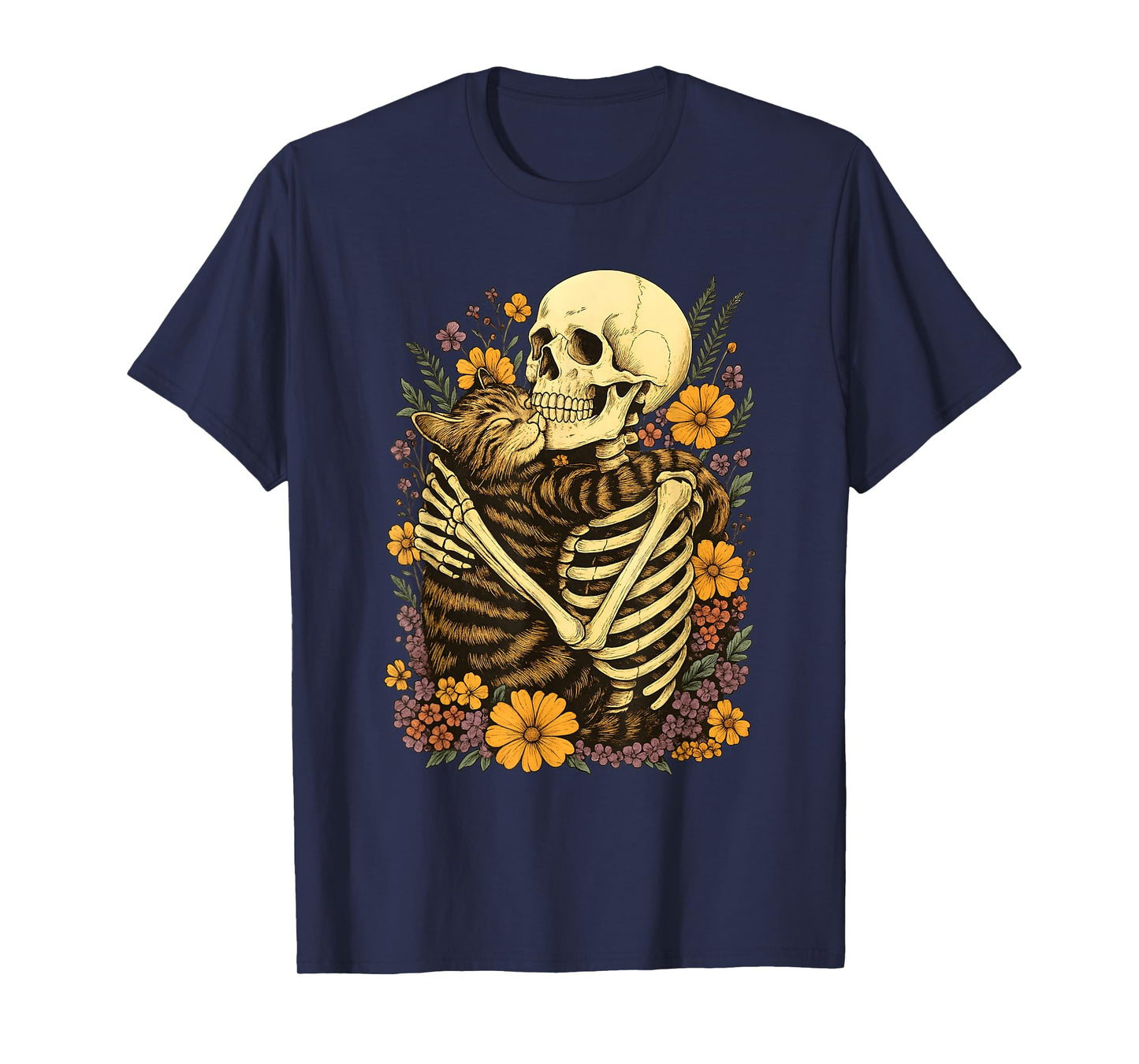 Skeleton Hugging Cat Floral Halloween Creepy Cute T-Shirt