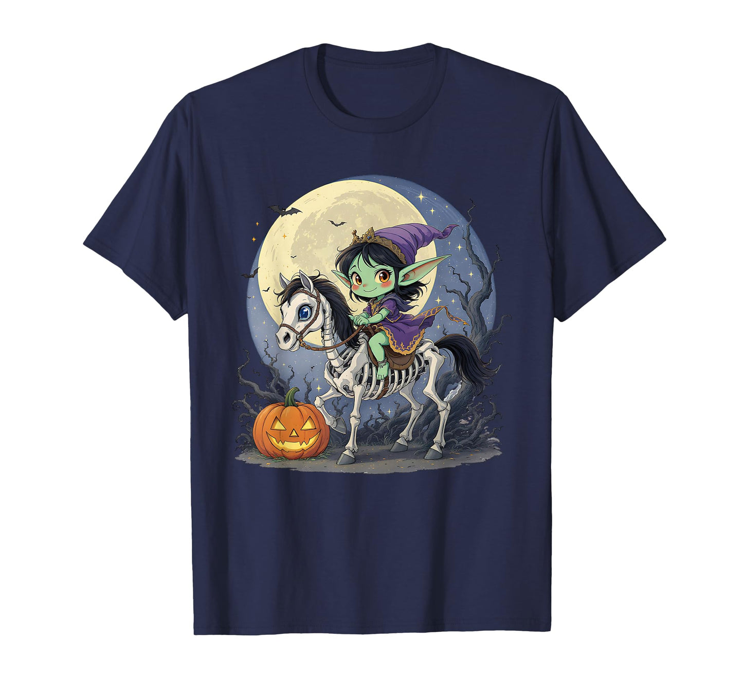 Halloween Girl Dark Elf Goblin Troll Riding Horse Skeleton T-Shirt