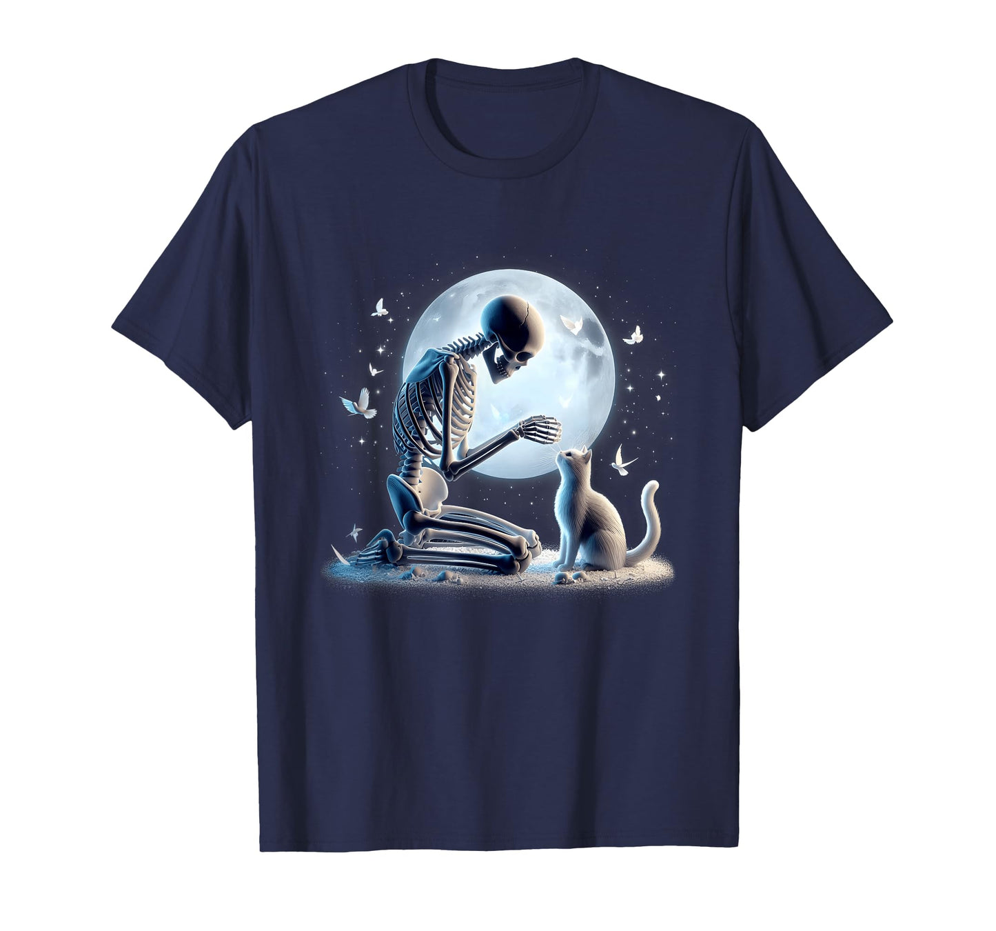 Skeleton with Cat Gothic Halloween Moon Scene White Kitty T-Shirt