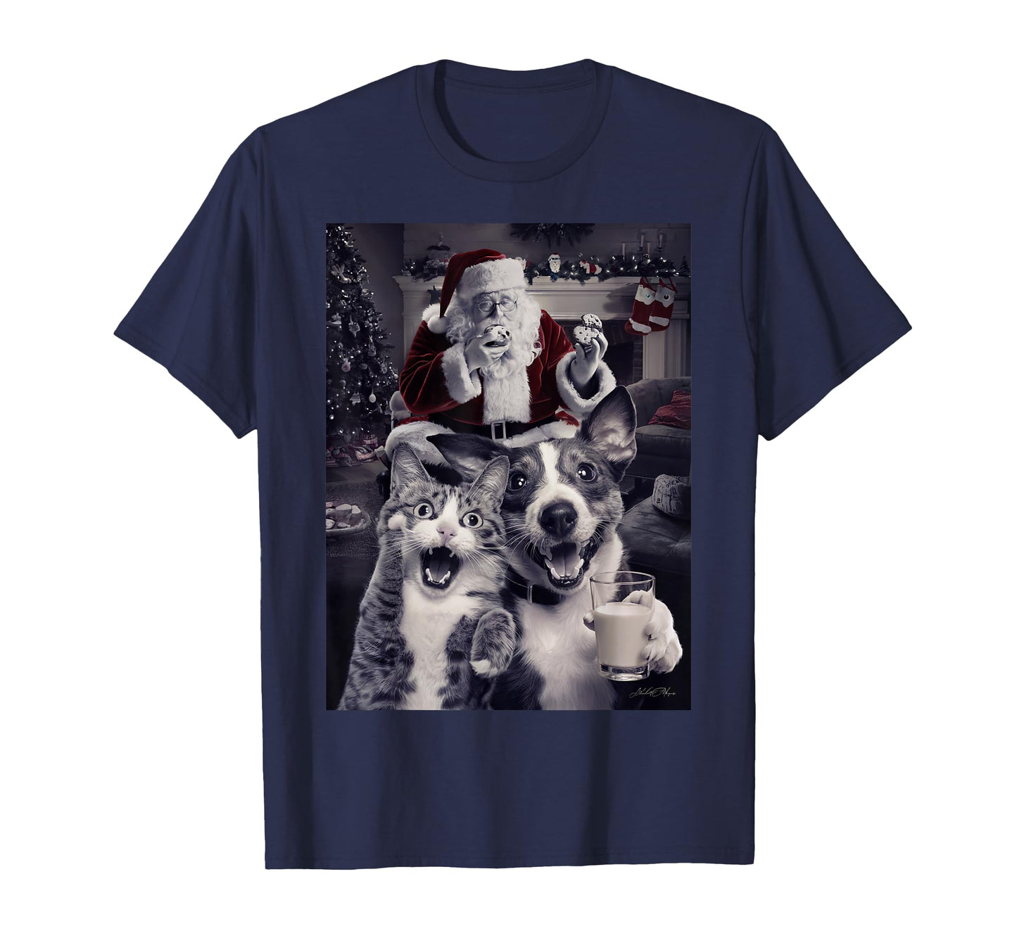 Funny Dog and Cat Selfie With Santa Christmas Men Women Girls Kids T-Shirt