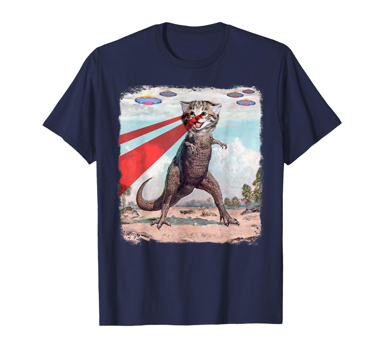 Laser Cat Shirt T Rex Cat Shirt Retro T Shirt Funny UFO Tee T-Shirt for Men Women Kids