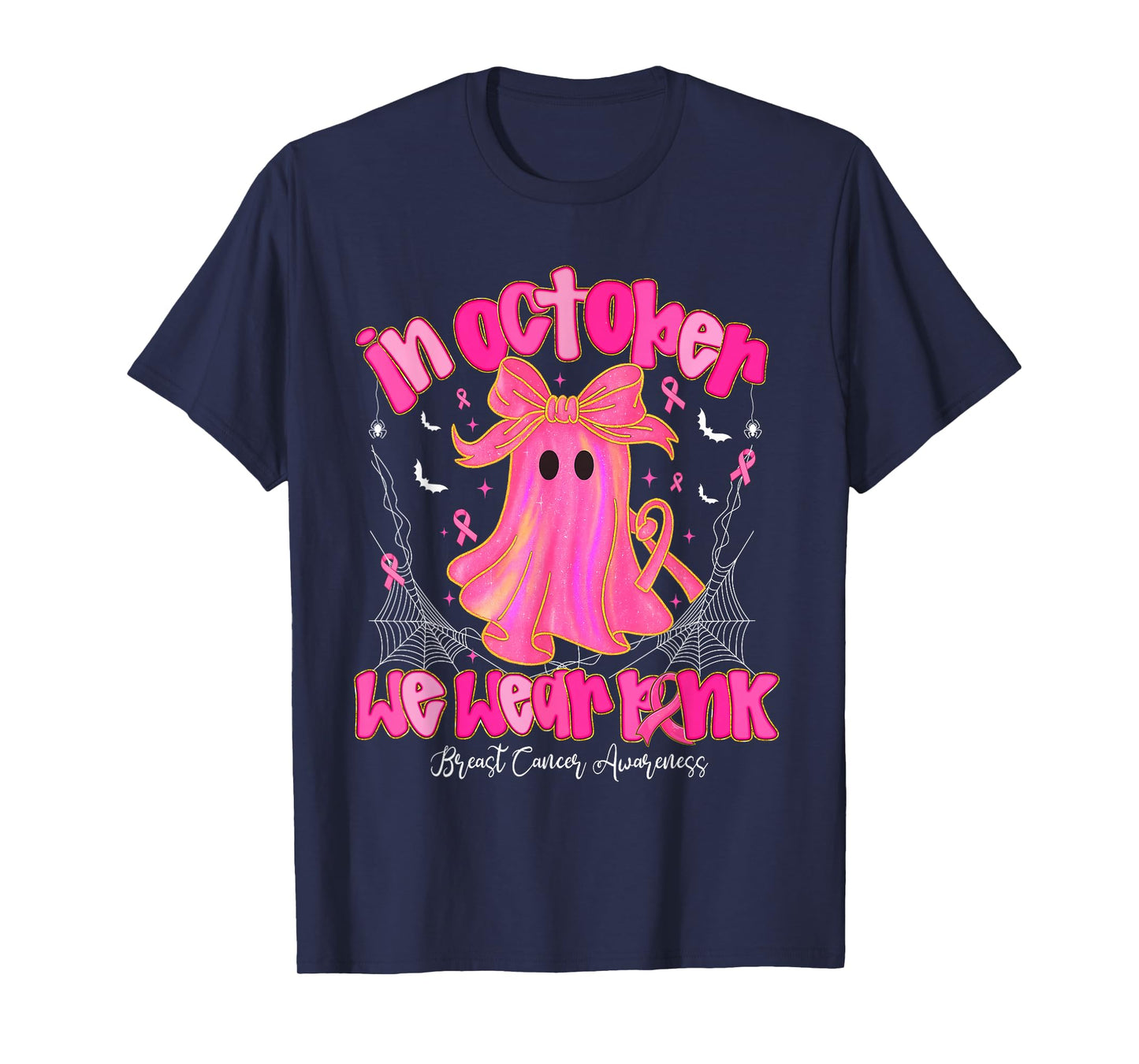 Halloween Ghost Cute Bow Breast Cancer Awareness Pink Ribbon T-Shirt
