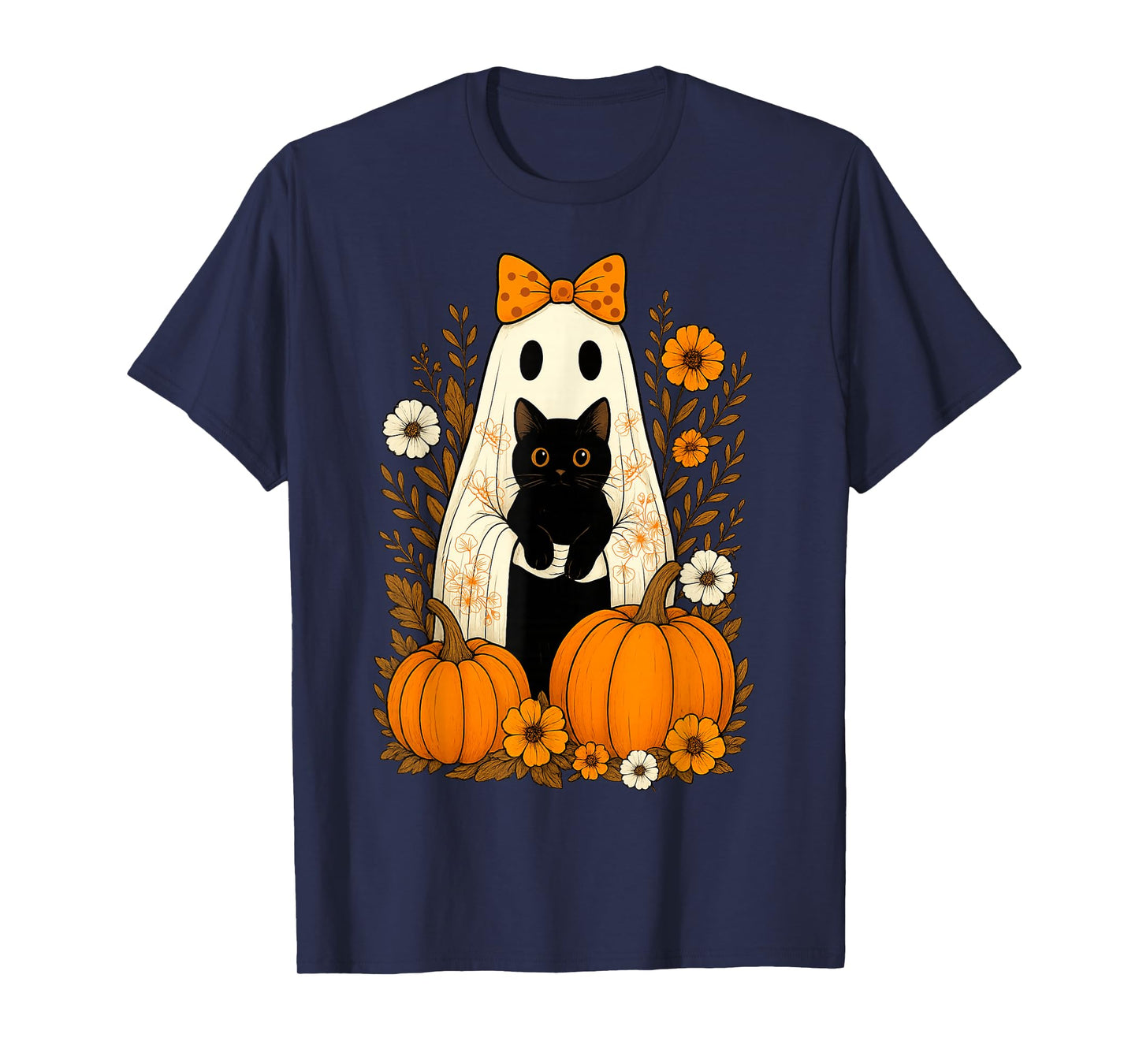 Vintage Halloween Ghost Holding Black Cats Groovy Floral T-Shirt