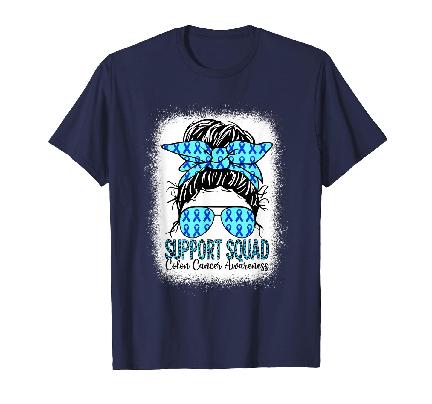 Support Squad Messy Bun Blue Ribbon Colon Cancer Awareness T-Shirt