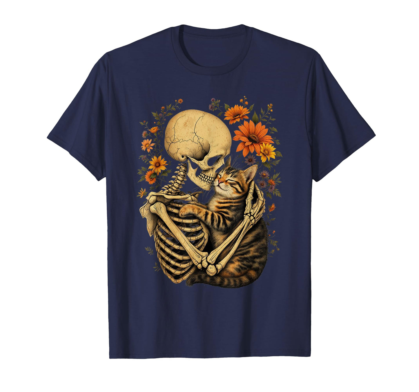 Skeleton Hugging Cat Floral Halloween Cat Lover Mom Costume T-Shirt
