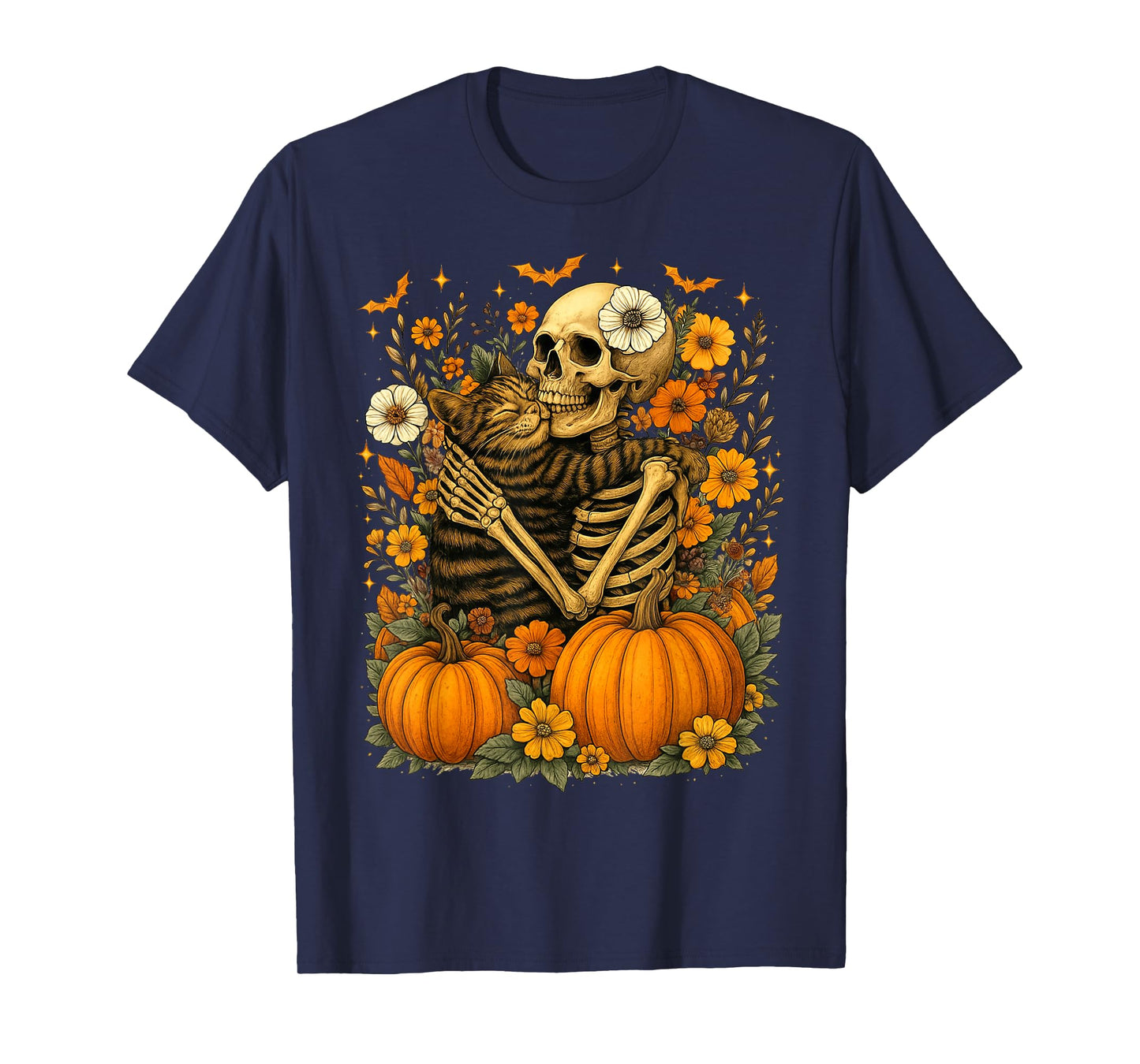 Retro Floral Skeleton Hugging Cat Halloween Cats Lover Women T-Shirt
