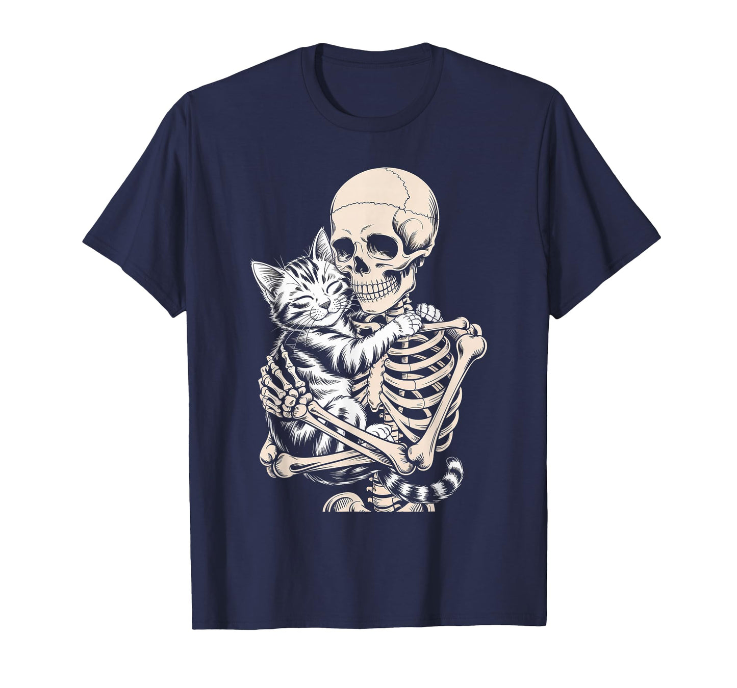 Skeleton Hugging Adorable Cat Vintage Illustration Halloween T-Shirt