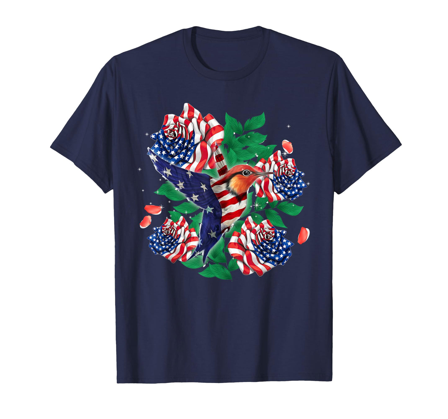 Hummingbird and Rose American Flag Tee Patriotic 4th Of July T-Shirt for Women Men