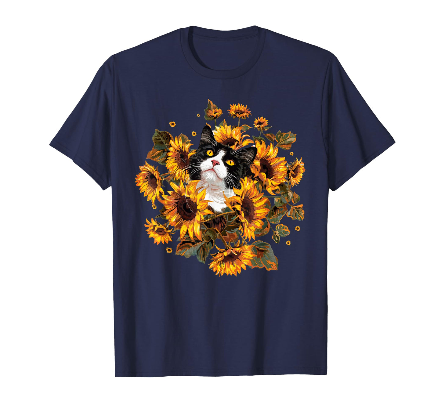 Retro Tuxedo Cat With Sunflower Cute Kitten Lover Gardening T-Shirt