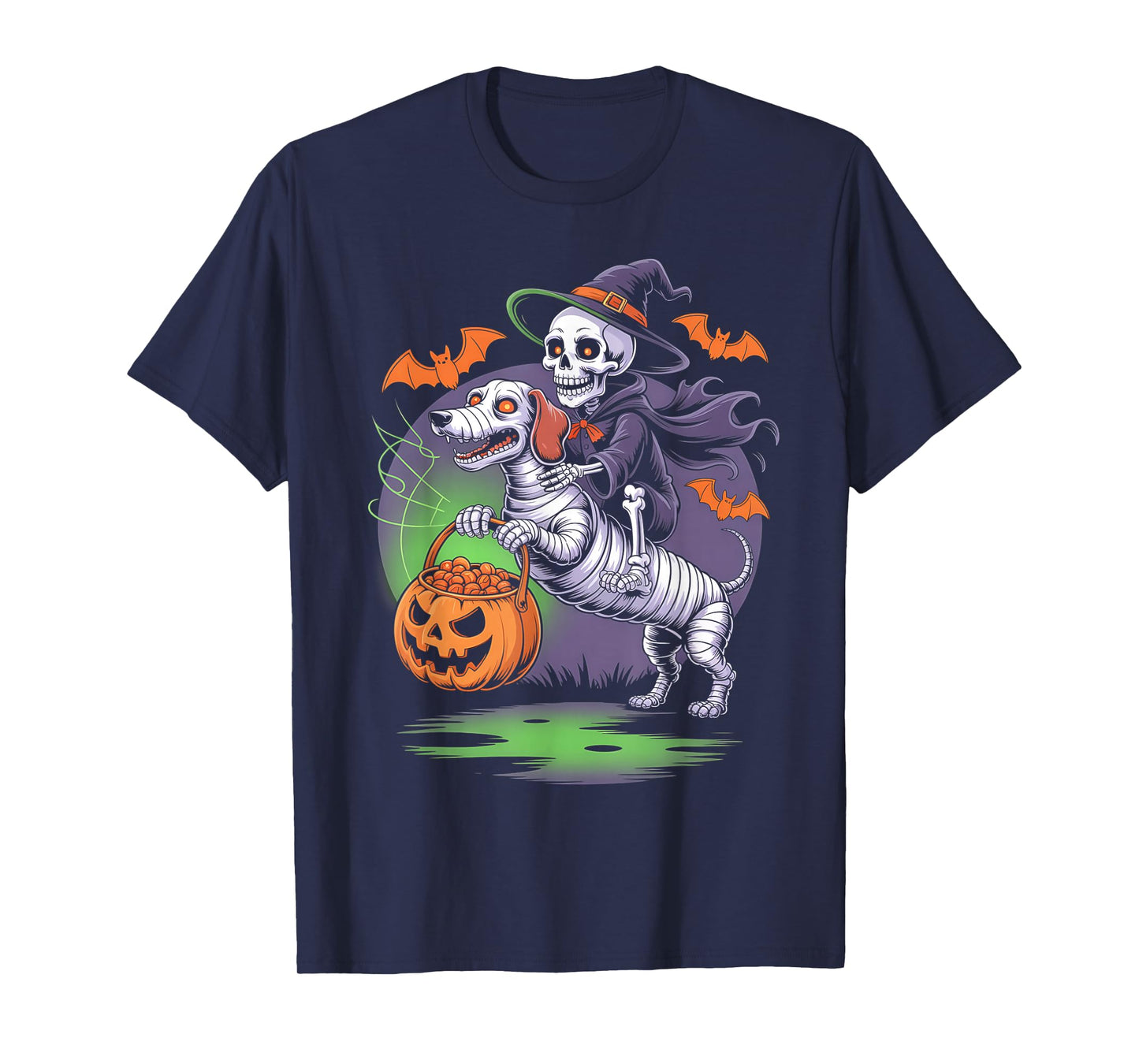 Funny Skeleton Riding Mummy Dachshund Dog Pumpkin Halloween T-Shirt