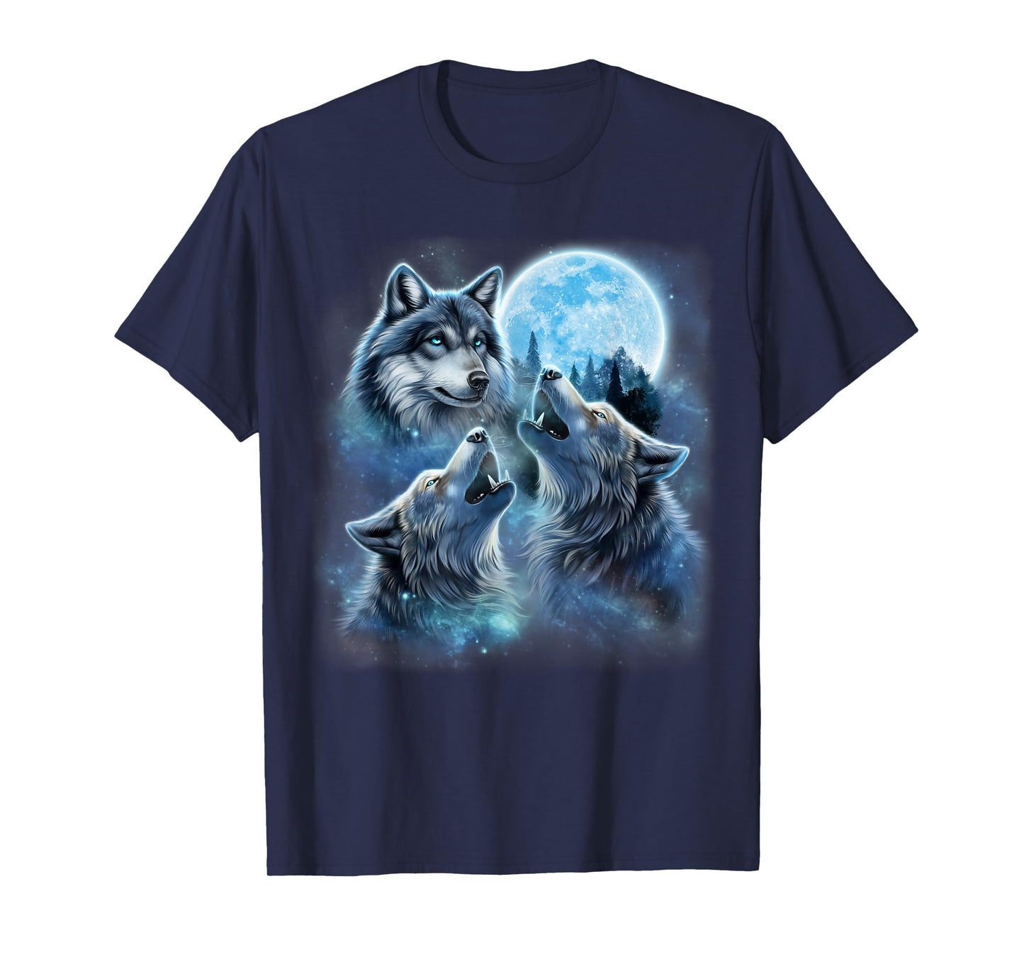 Three Majestic Wolf Engulfed in Galaxy Clouds Under Icy Moon T-Shirt