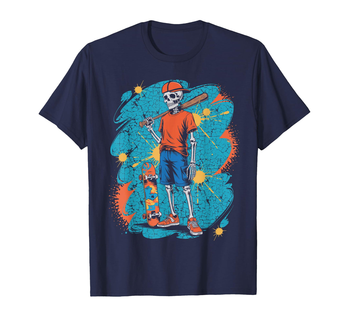 Halloween Skeleton Baseball Skateboard Teen Street Graphic T-Shirt
