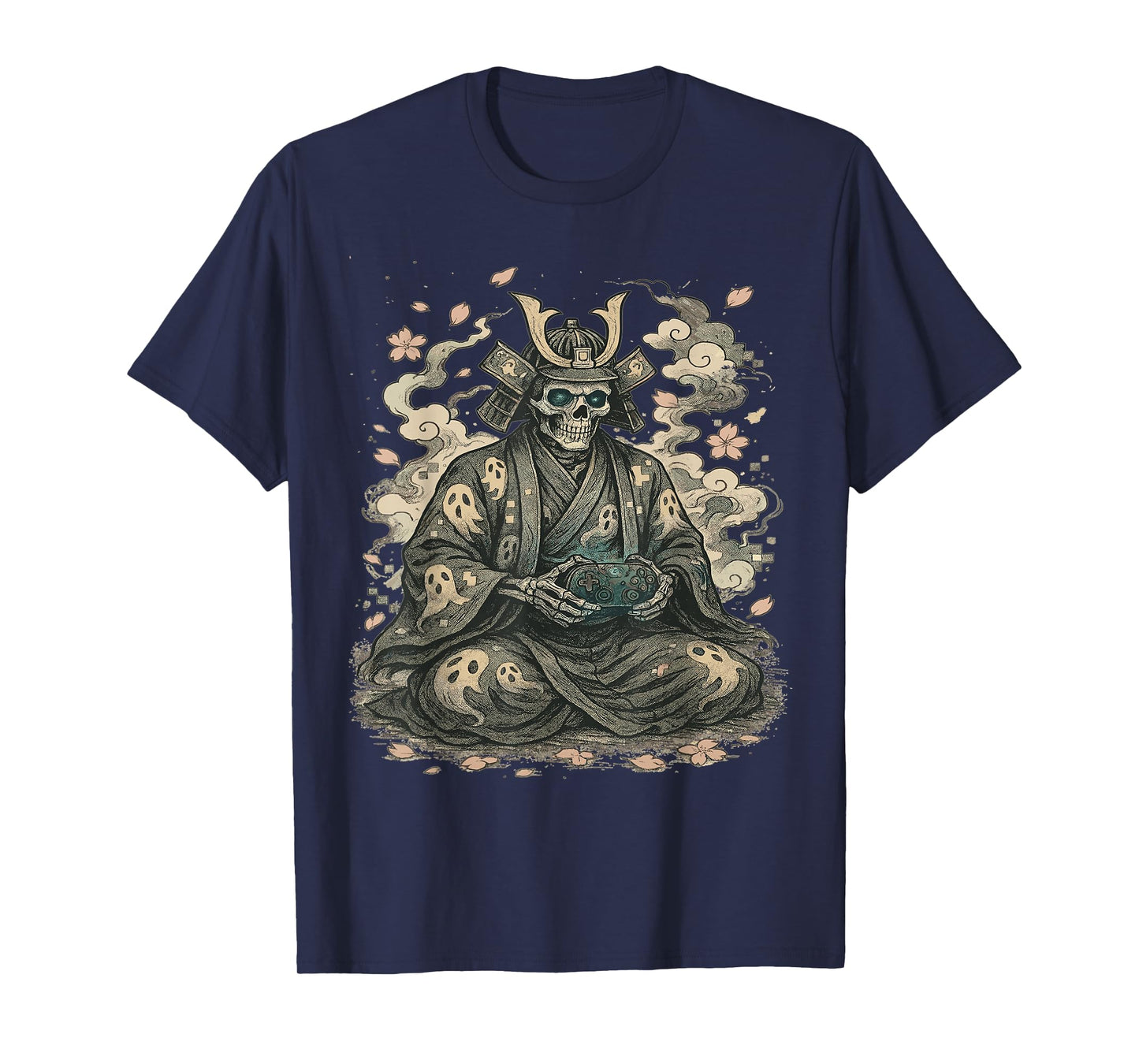 Skeleton Samurai with Controller Gaming Japanese Desig T-Shirt