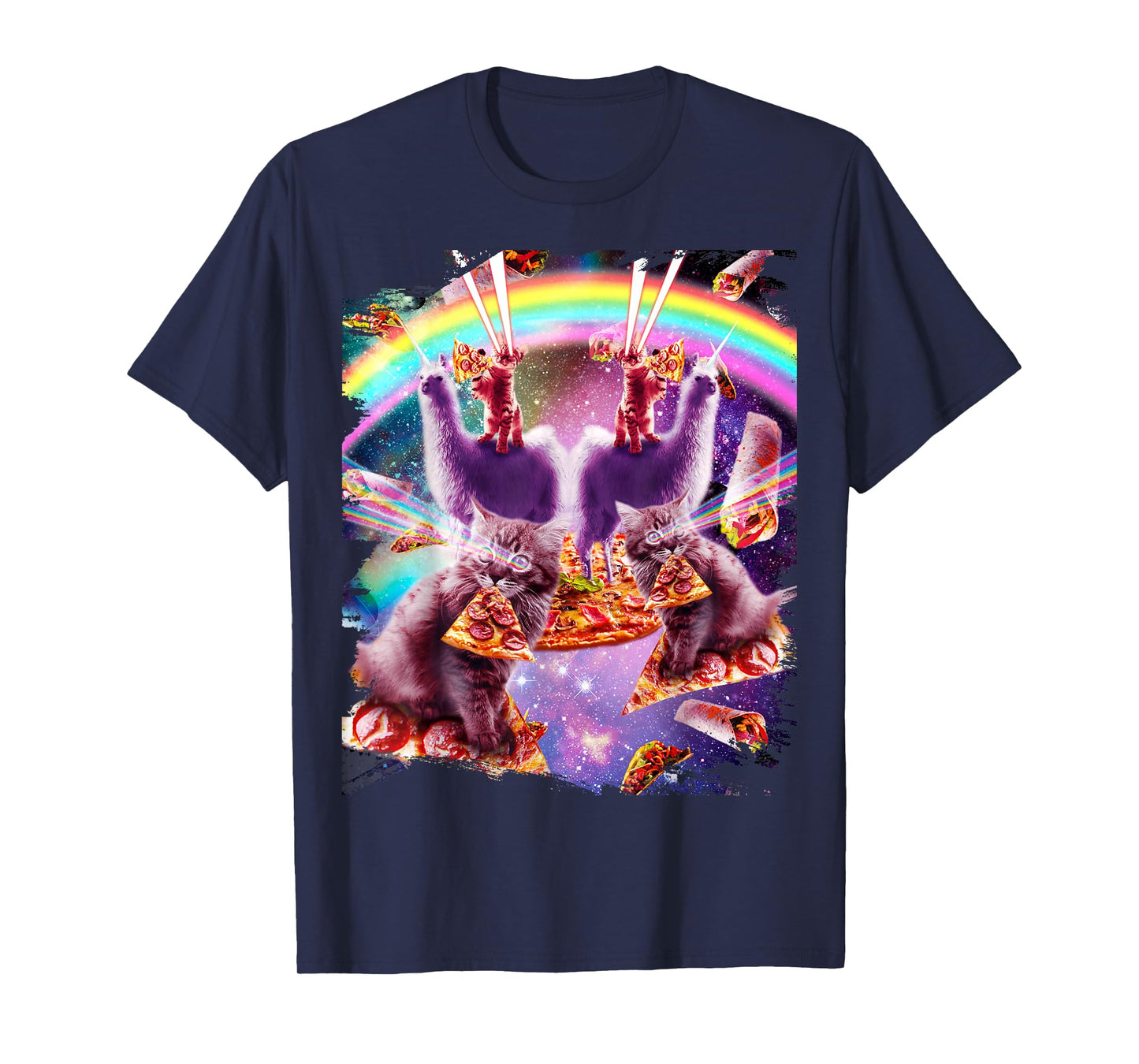 Laser Pizza Cat On Llama, Lazer Kitty Cats In Rainbow Space T-Shirt