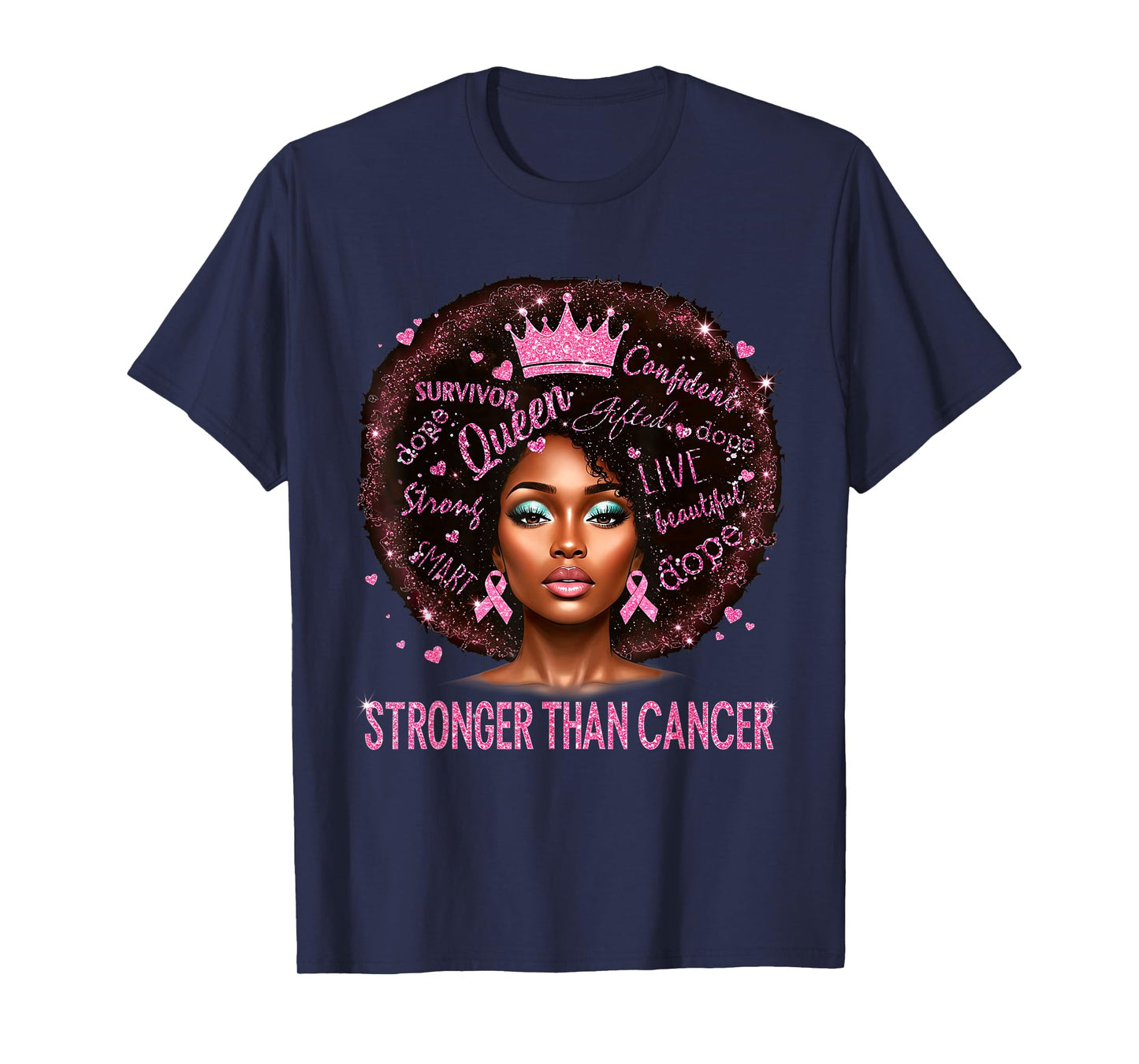 Black Women Queen Stronger Than Breast Cancer Pink Ribbon T-Shirt