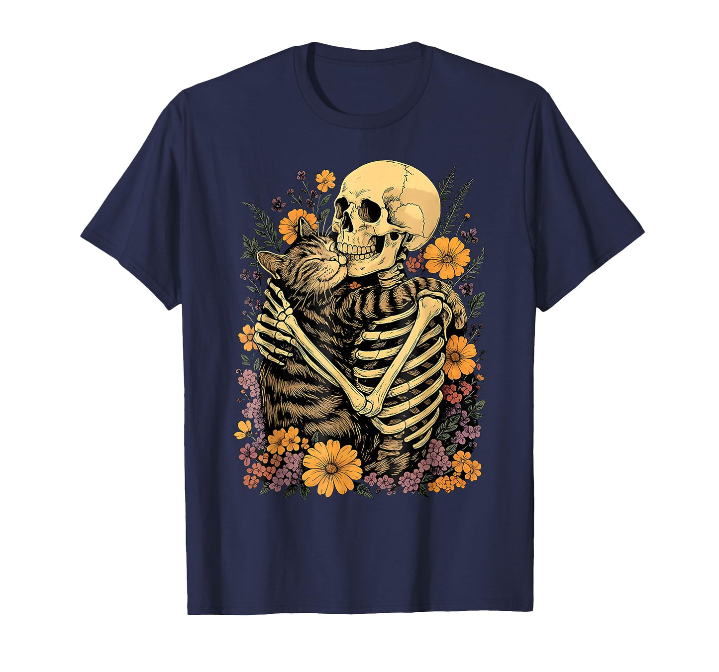 Skeleton Hugging Cat Floral for Cat Lovers Halloween Night T-Shirt