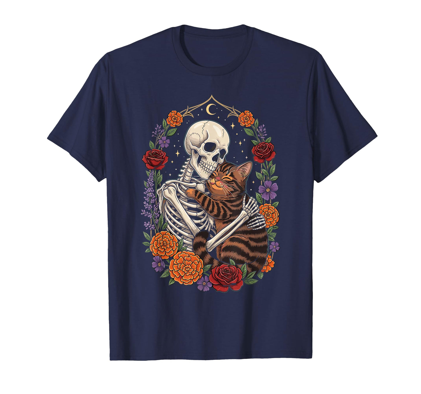 Skeleton Hugging Cat with Flowers Gothic T-Shirt