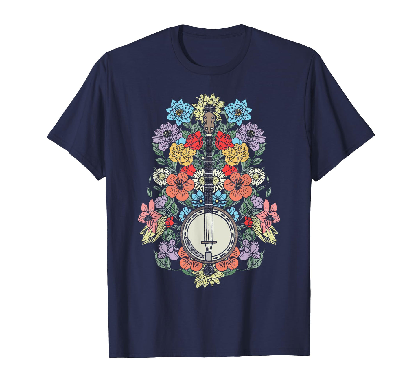 Banjo Flowers Vintage Stringed Bluegrass Folk Floral Design T-Shirt