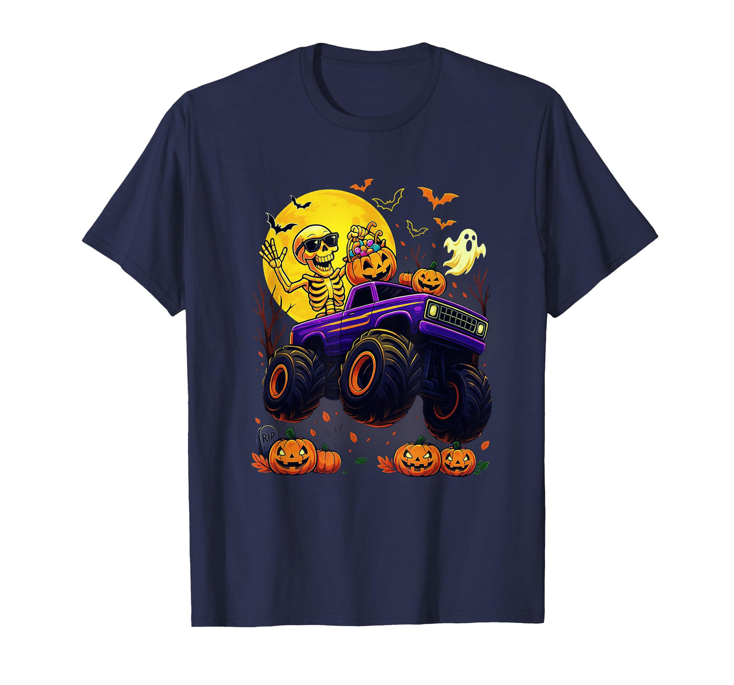 Spooky Skeleton Riding Monster Truck Halloween Men Boy Kid T-Shirt