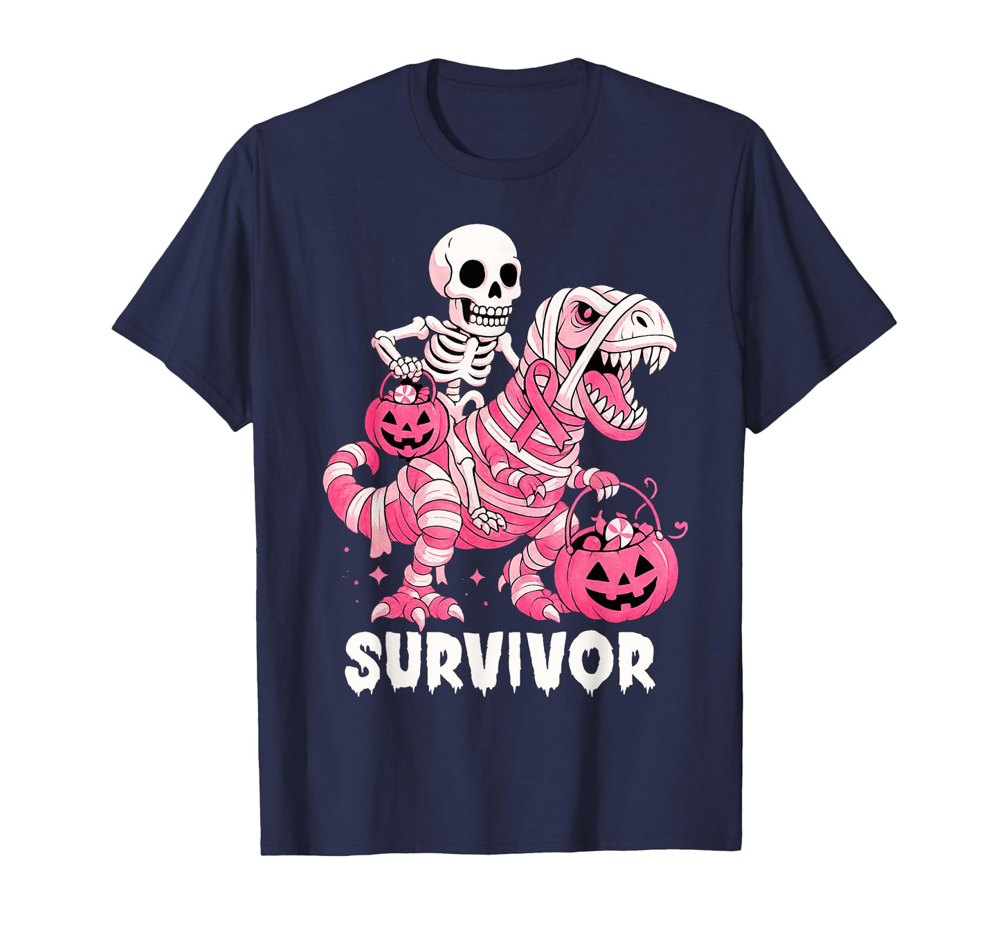 Skeleton Riding Mummy Dinosaur T Rex Breast Cancer Survivor T-Shirt