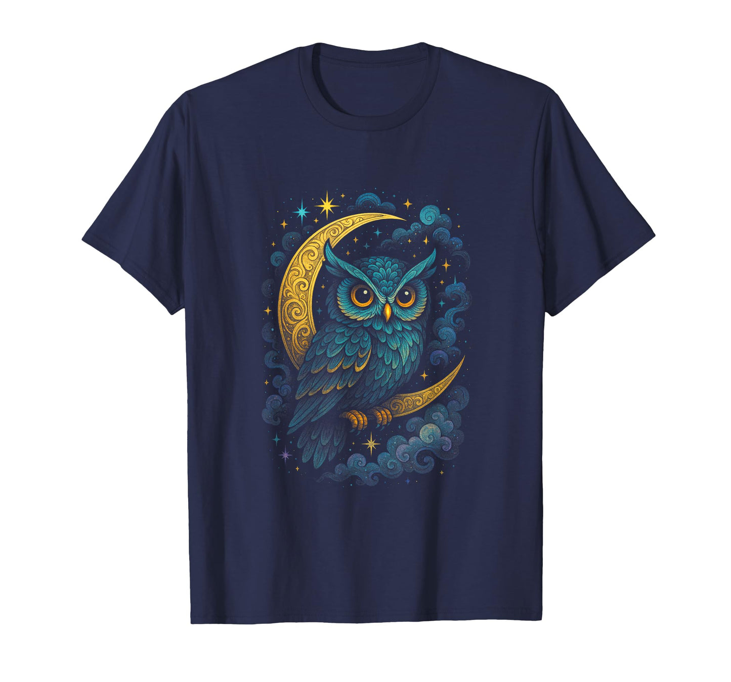Owl Moon Stars Night Cosmic Mystical Colorful T-Shirt