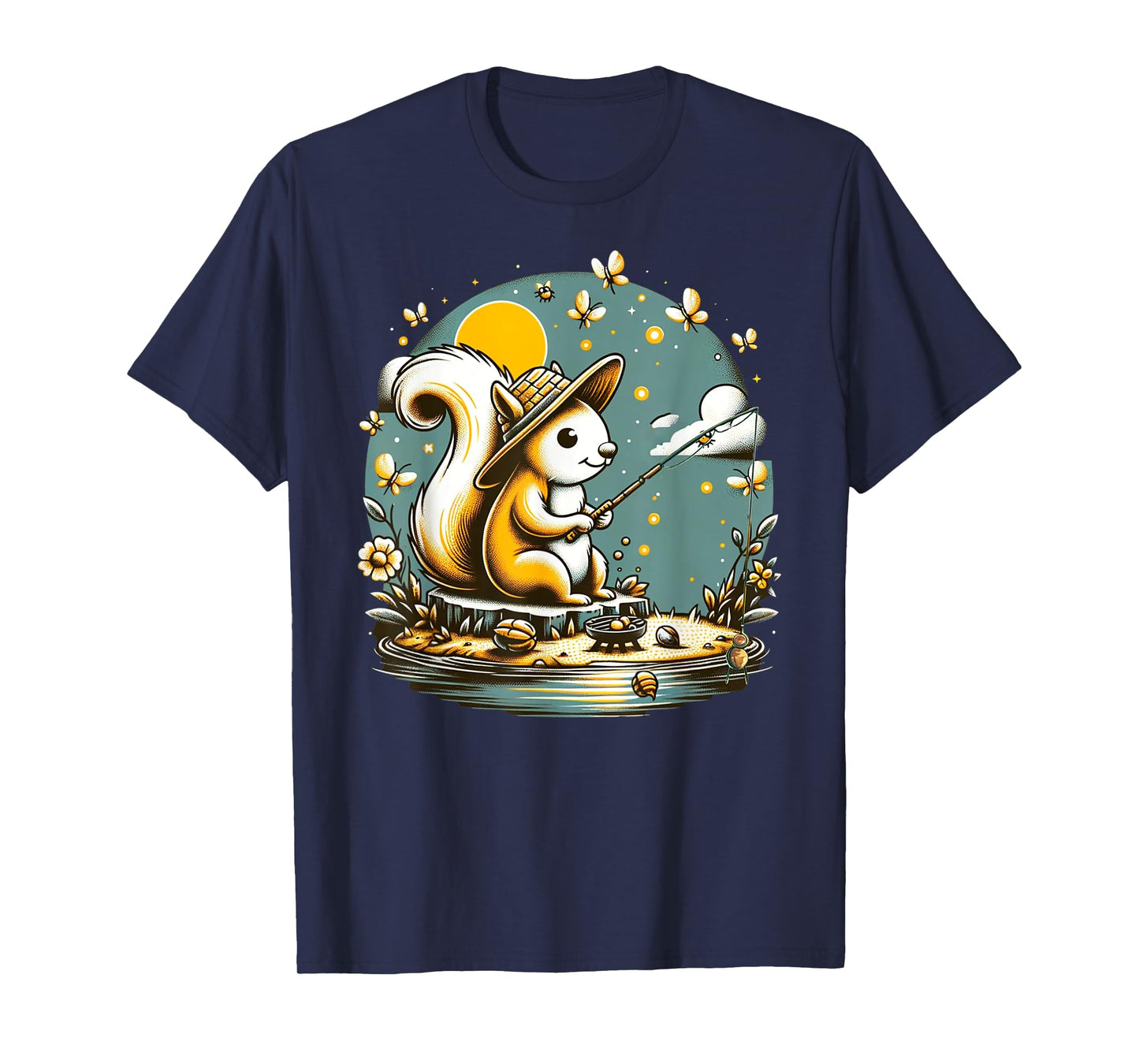 Fishing Squirrel Camping Starry Night Kids T-Shirt