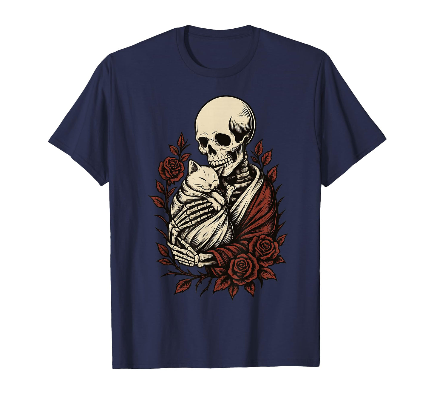 Skeleton Hugging Cat Gothic Floral Creepy Cute Halloween T-Shirt
