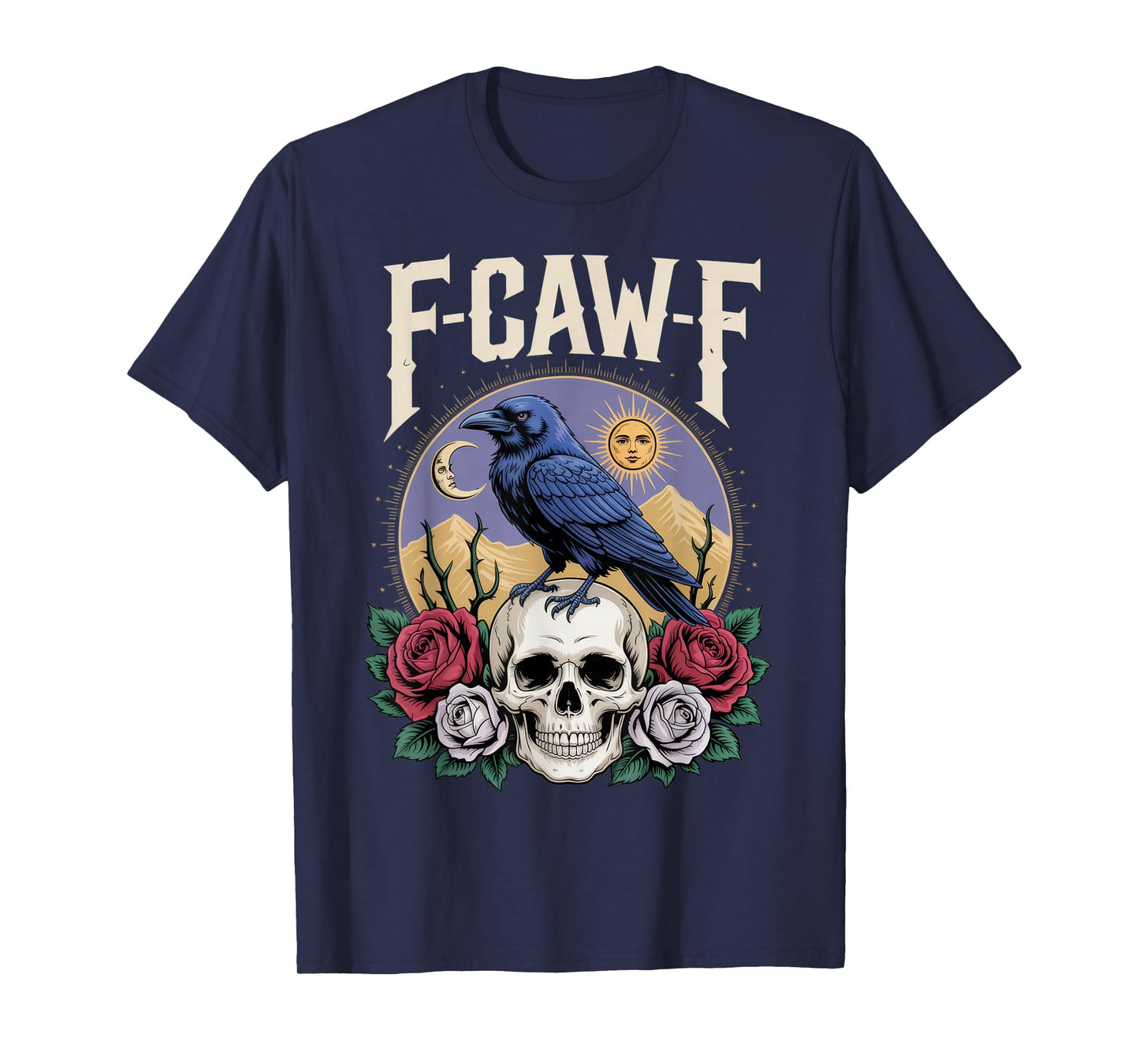 F-CAW-F Funny Raven Gothic Outfit Skull Roses Sun Moon Look T-Shirt