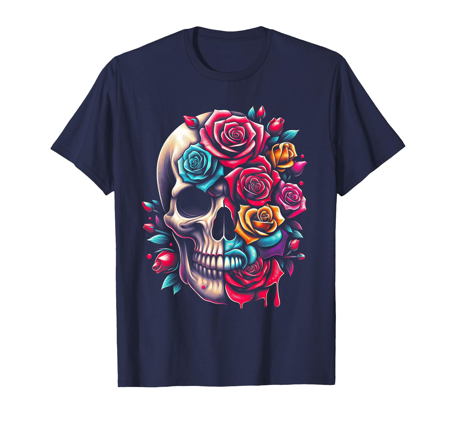 Half Flower Half Skull Sugar Roses for Women Girls Halloween T-Shirt