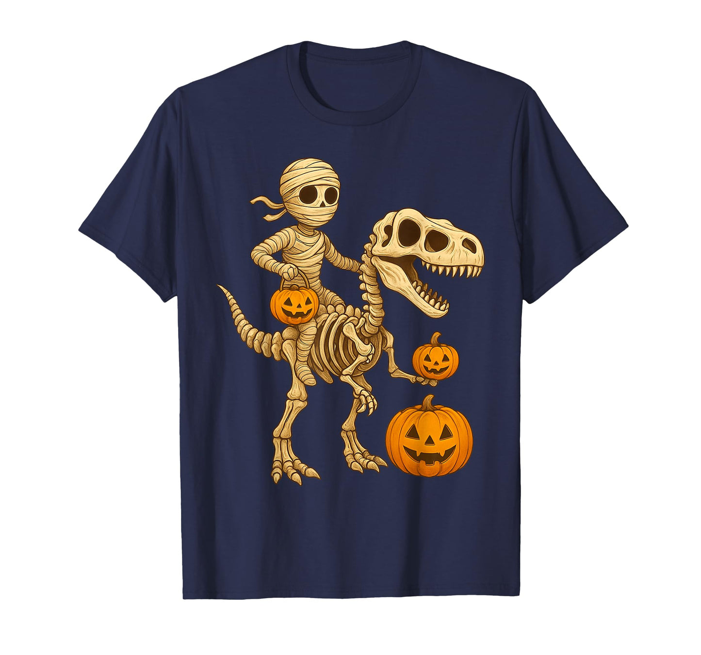 Halloween Mummy Riding T-Rex Dinosaur Skeleton Tee T-Shirt