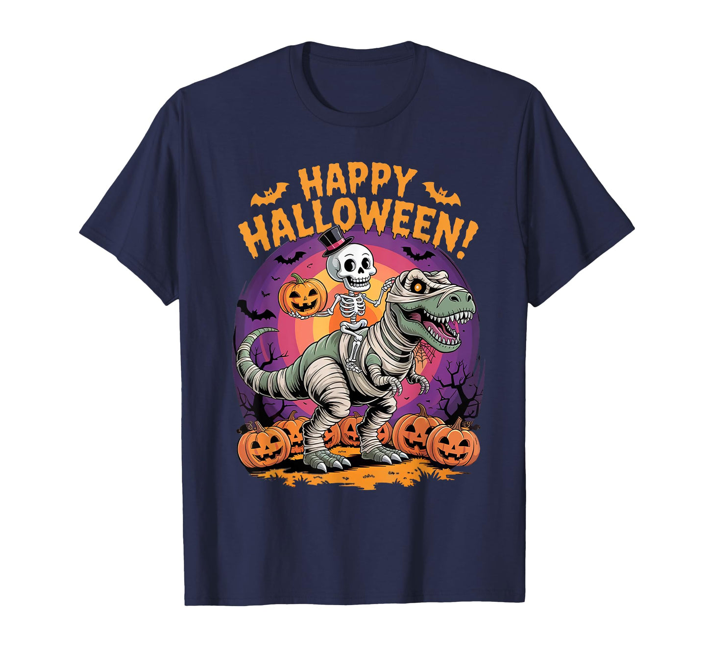 Mummy Skeleton Riding Dinosaur T Rex Kids Boys Men Halloween T-Shirt