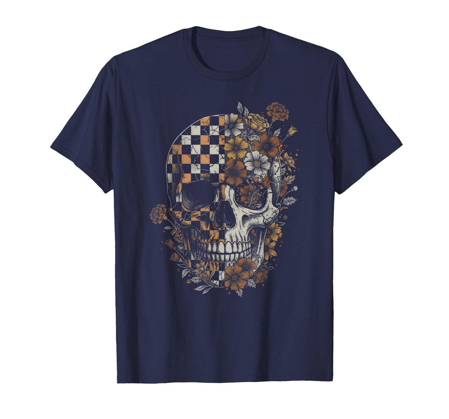 Checkered Boho Floral Skull Halloween Women Girl T-Shirt