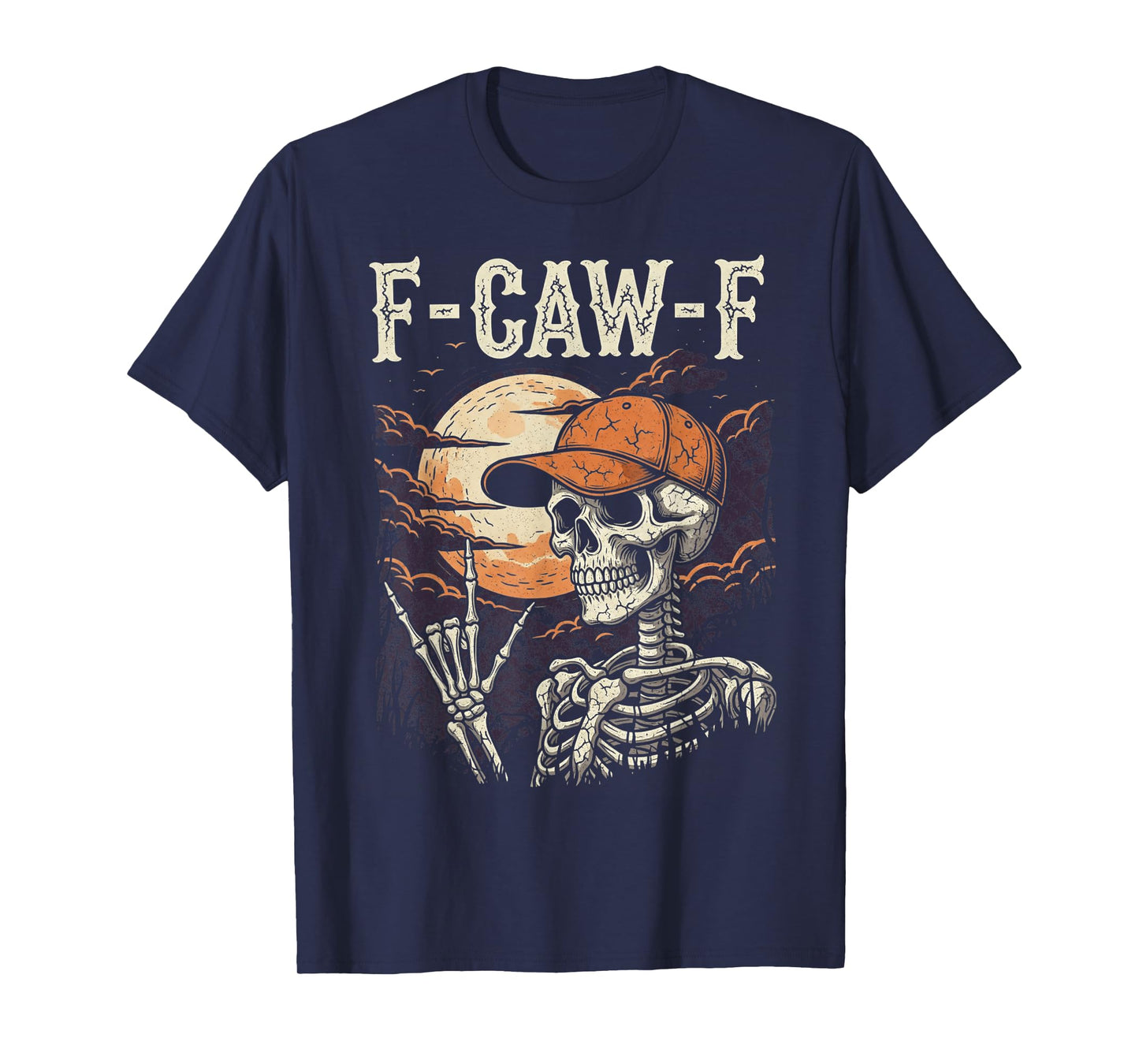 F-Caw-F Funny Rocker Skeleton Halloween Moon Gothic Adult T-Shirt