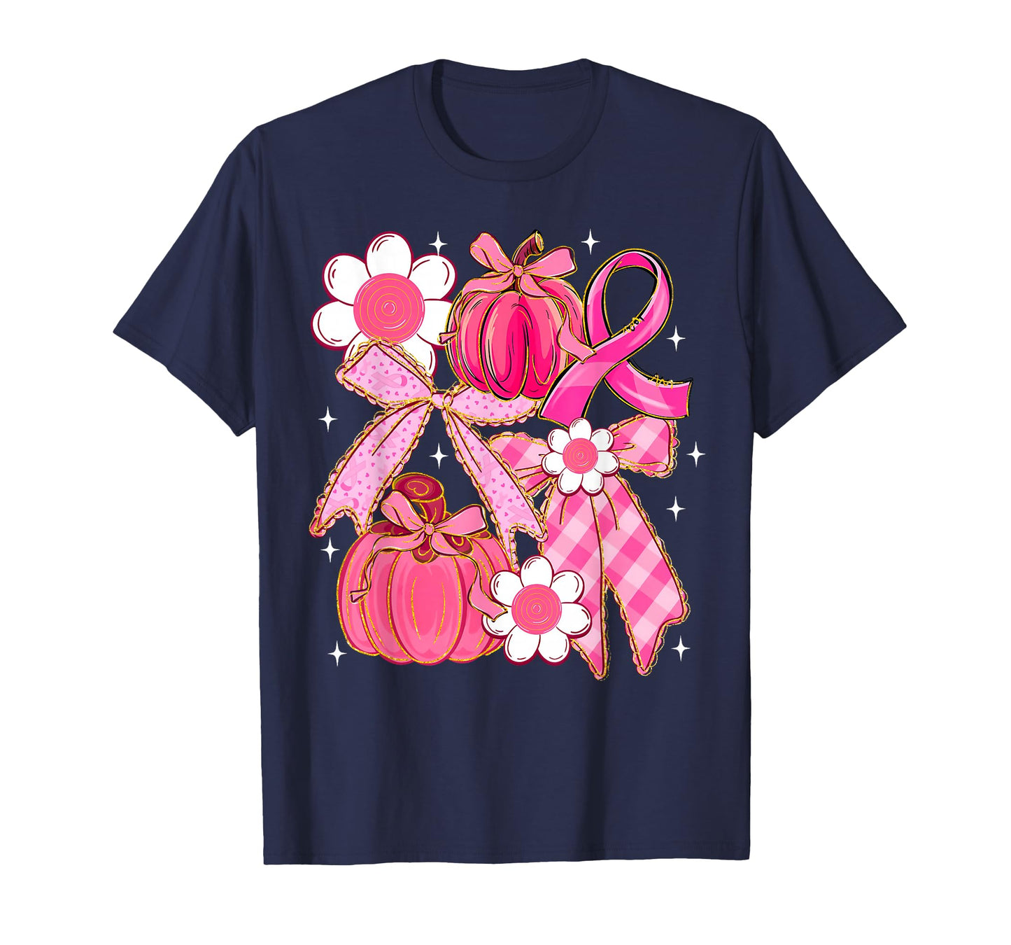 Coquette Bow Pink Pumpkin Wildflower Breast Cancer Awareness T-Shirt