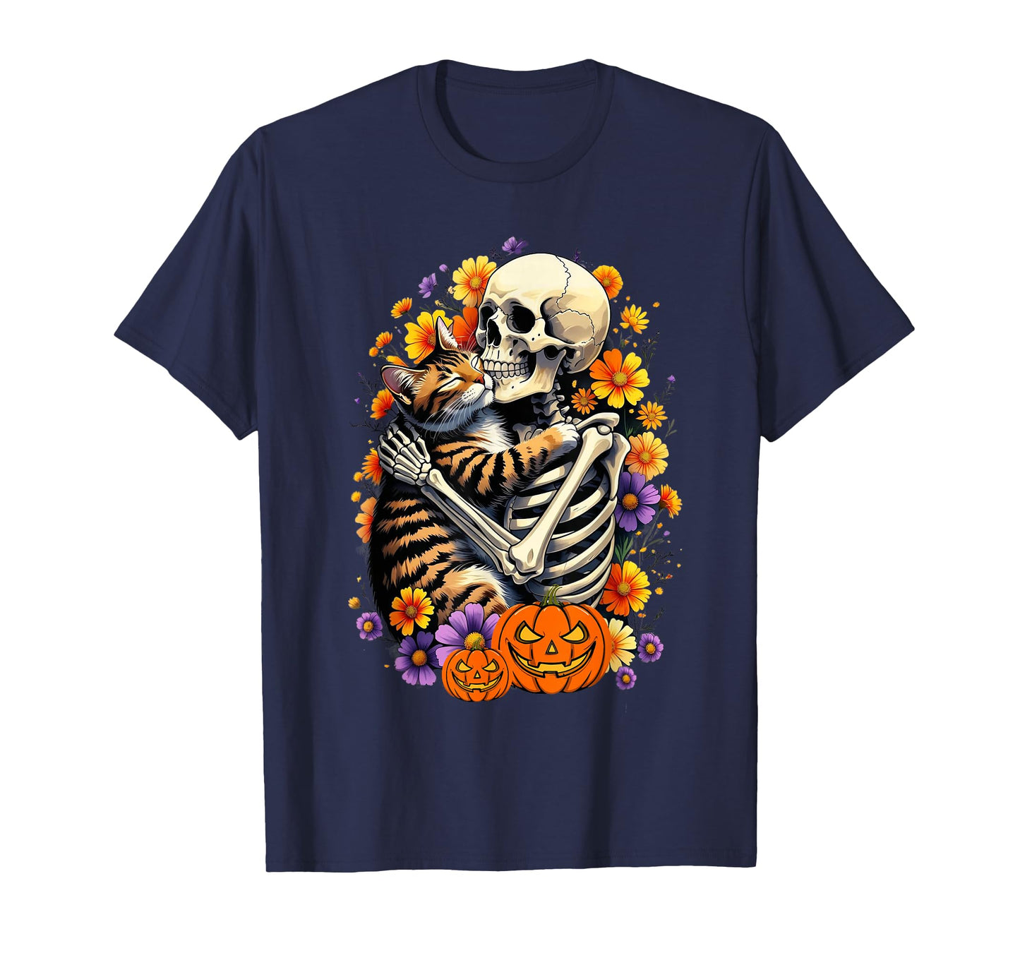Skeleton Hugging Cat Floral Halloween Pumpkin Cats Lover T-Shirt