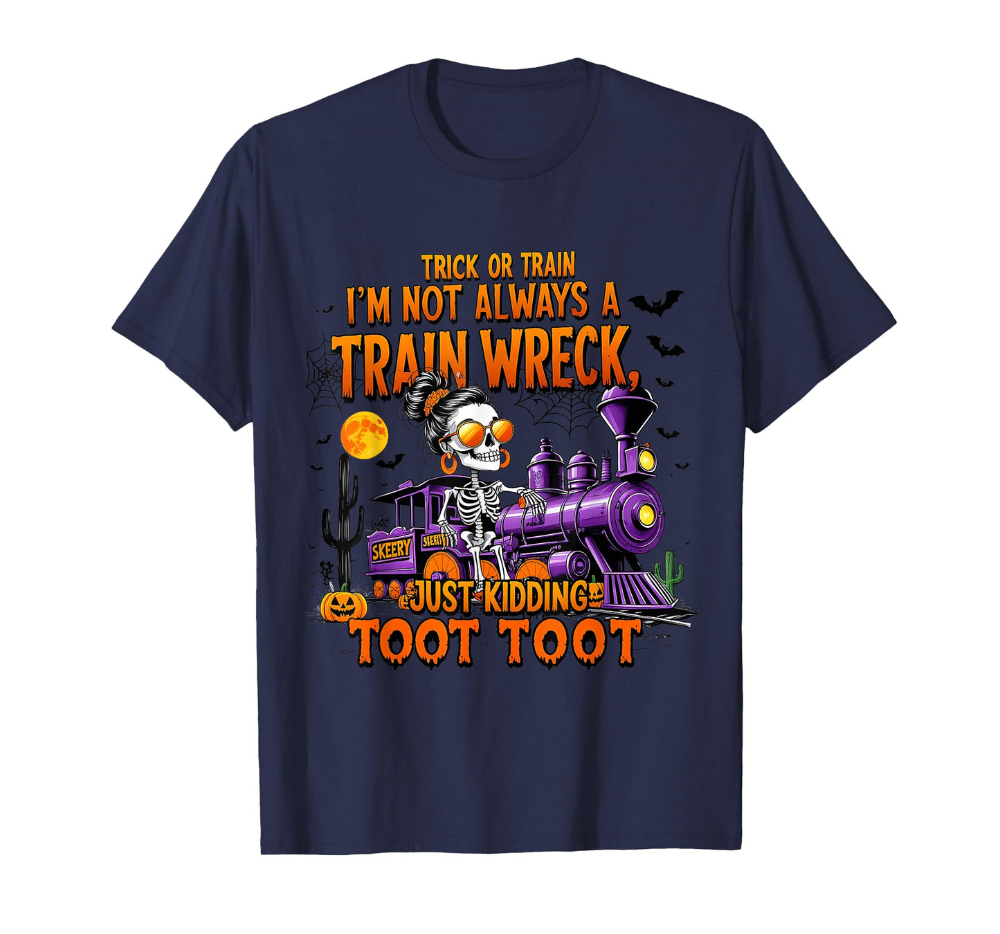 Skeleton Ghosts Trick Or Train Funny Halloween Pumpkin T-Shirt