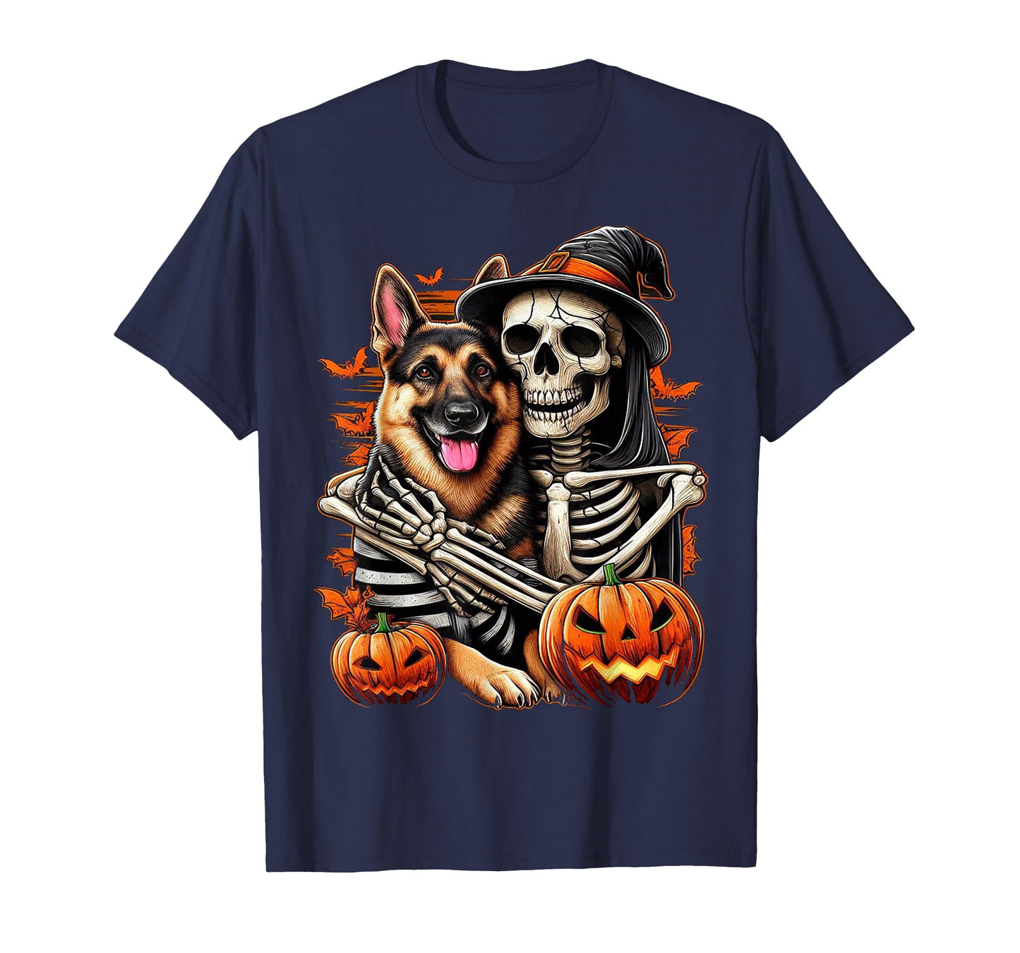Skeleton Hugging German Shepherd Halloween Lover Mom Dad T-Shirt