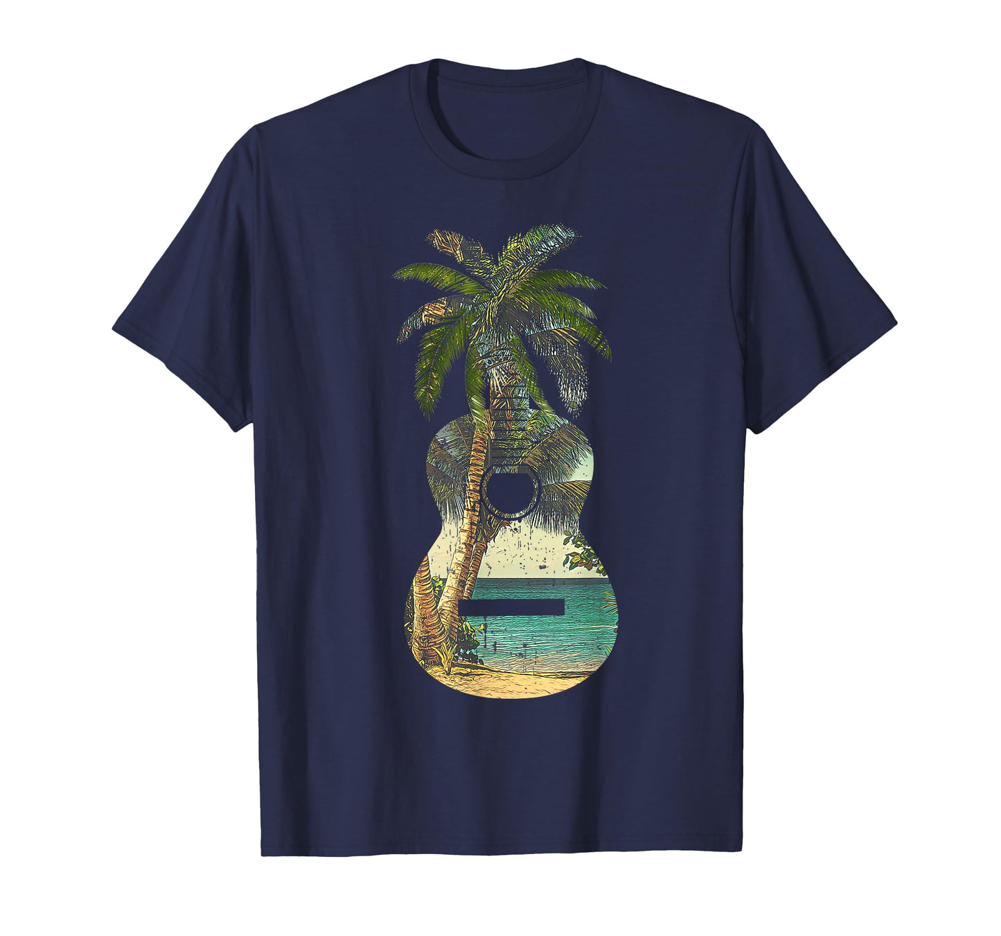 Guitar Lover Beach Palm Trees Vacation Acoustic Music Band T-Shirt