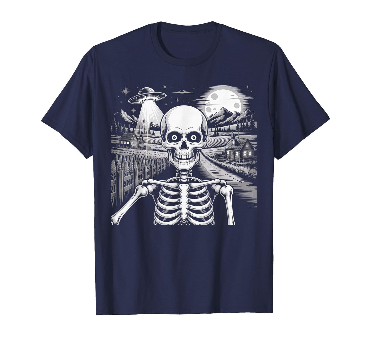 Spooky Skeleton Selfie with Spaceship Alien UFO Halloween T-Shirt
