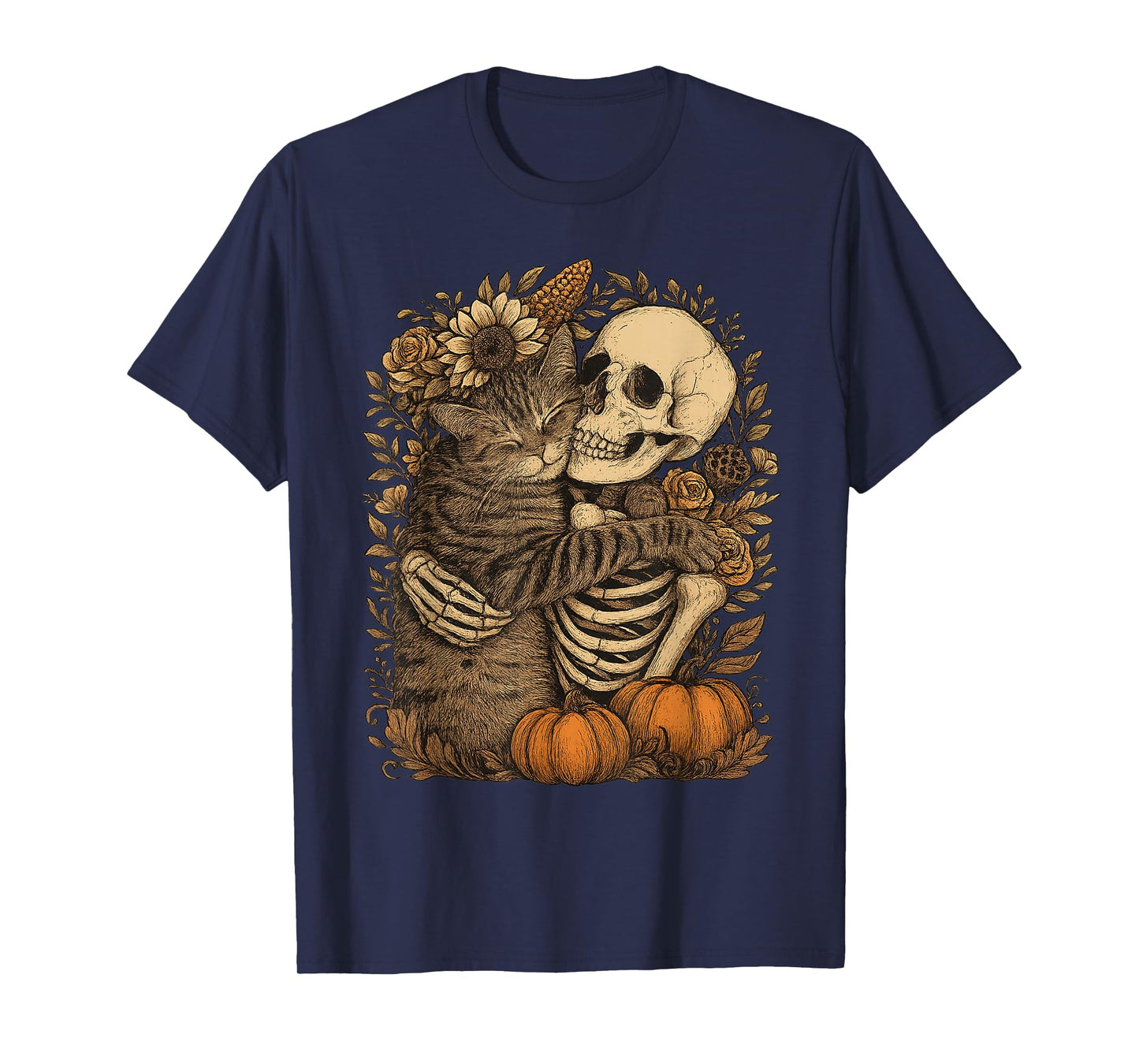 Floral Skeleton Hugging Cat Halloween Cats Mom Dad T-Shirt