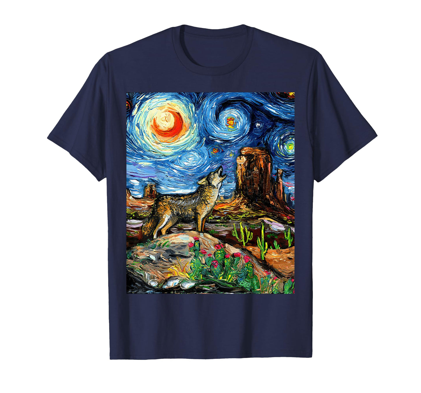 Coyote in the Southwestern Desert Starry Night Art by Aja T-Shirt