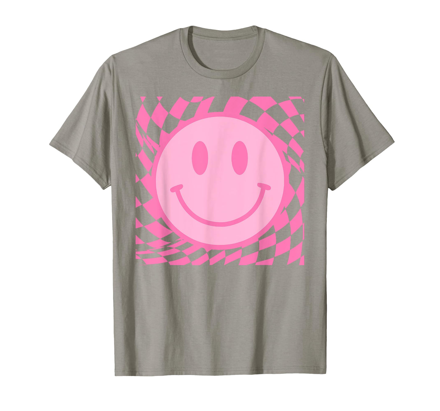 Retro Happy Smile Face Smiling Checkered Pattern Pink Trendy T-Shirt
