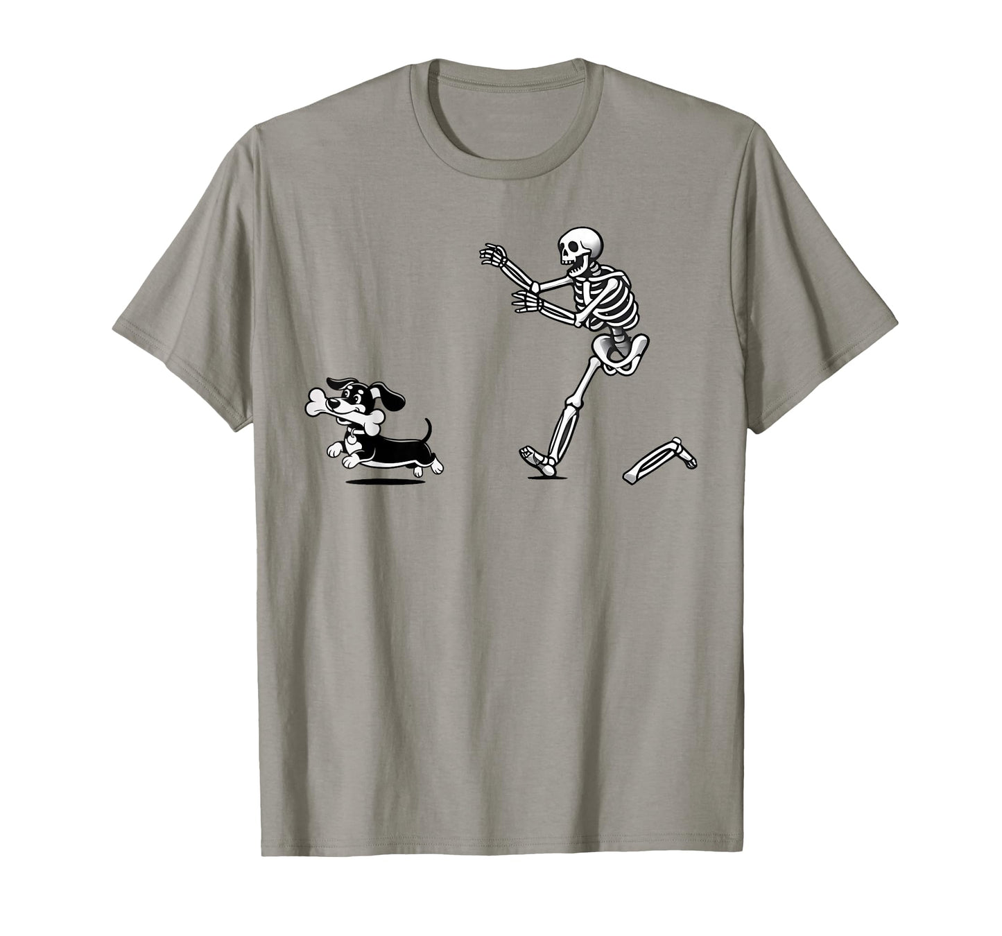 Skeleton Chasing Dachshund Cartoon Design T-Shirt