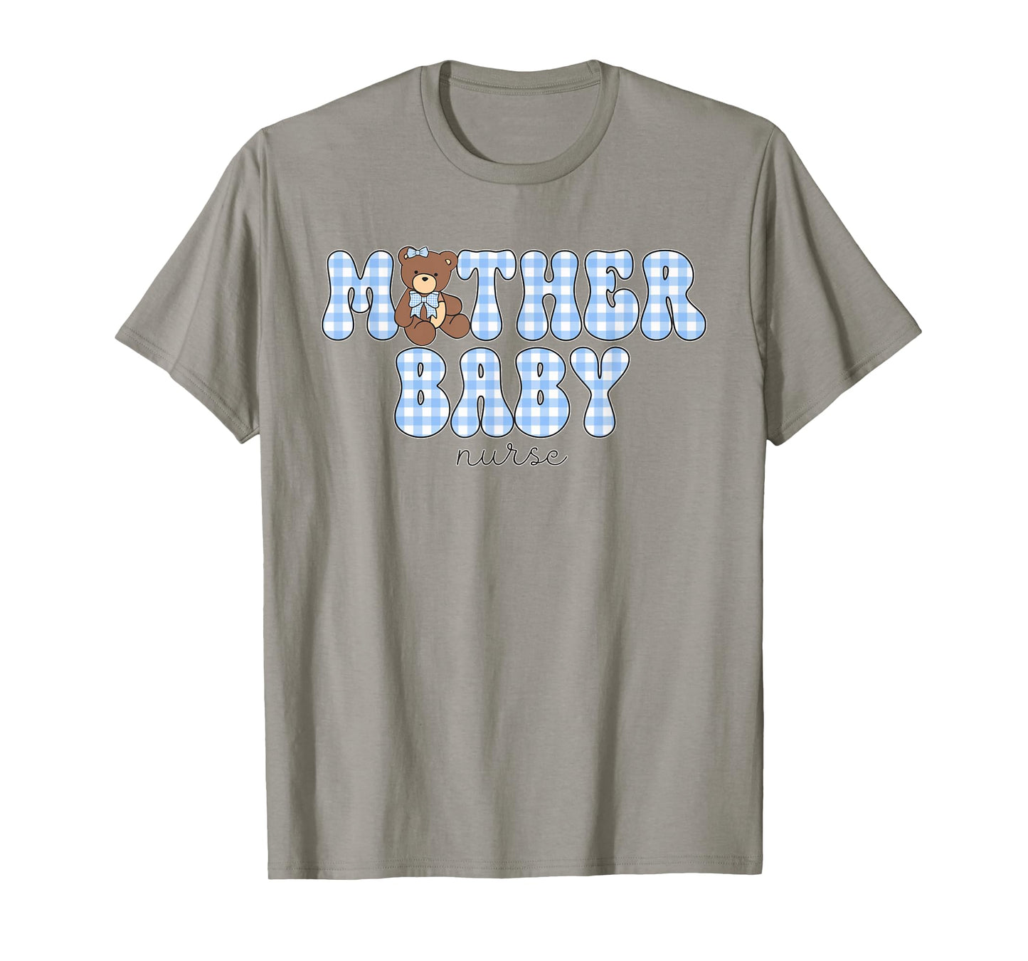 Mother Baby Nurse MBU Blue Gingham Bear Work Postpartum T-Shirt