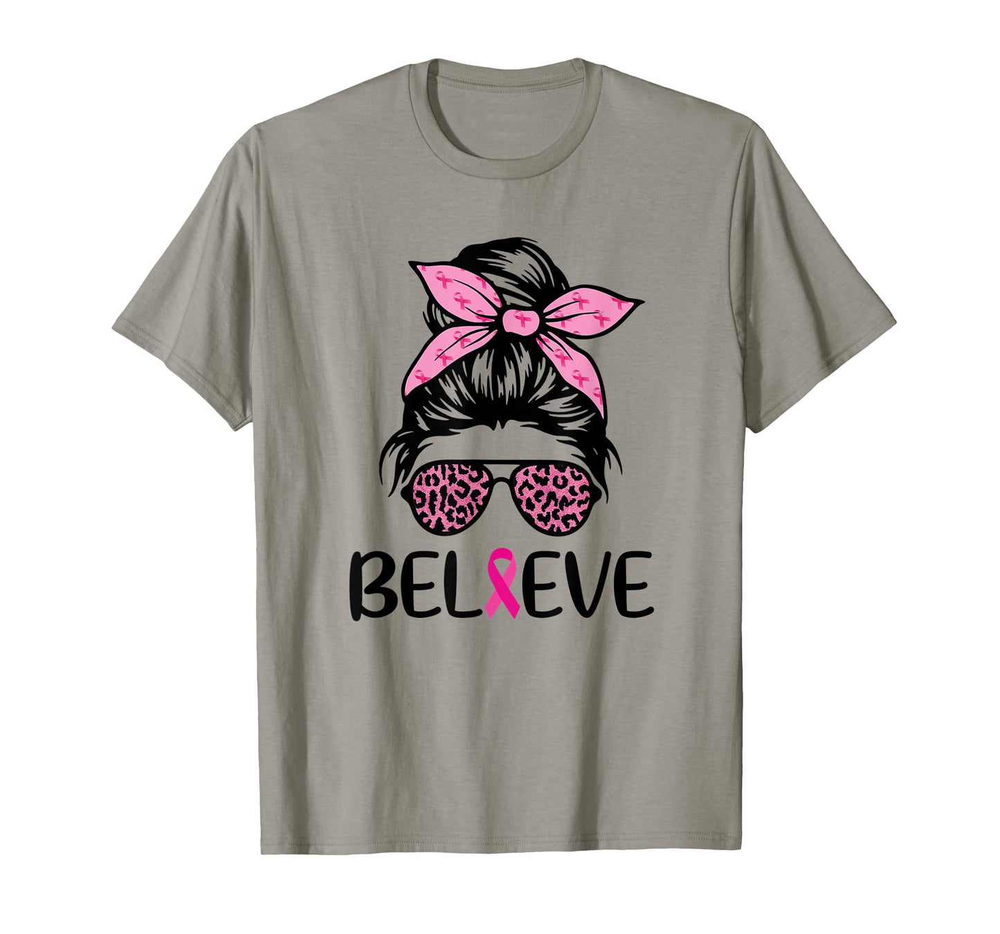 Believe Messy Bun Leopard Ribbon Breast Cancer Awareness T-Shirt